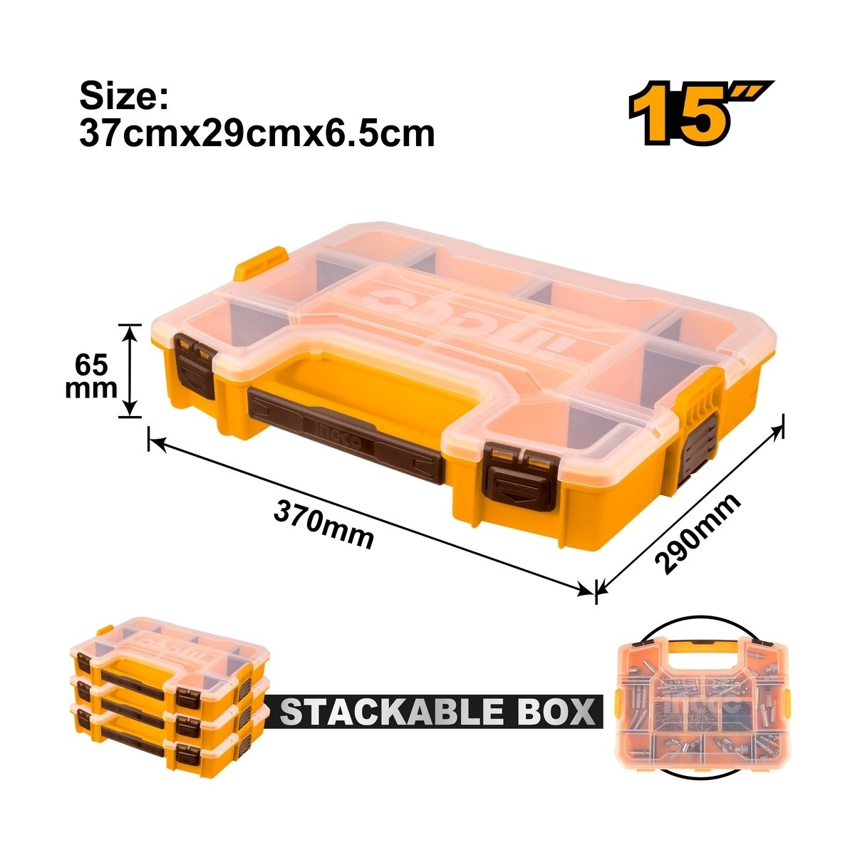 INGCO กล่องเครื่องมืออเนกประสงค์ 15 นิ้ว รุ่น PBX1511 ผลิตจากวัสดุพลาสติก PP สามารถต่อซ้อนกันได้ (อิงโก้)