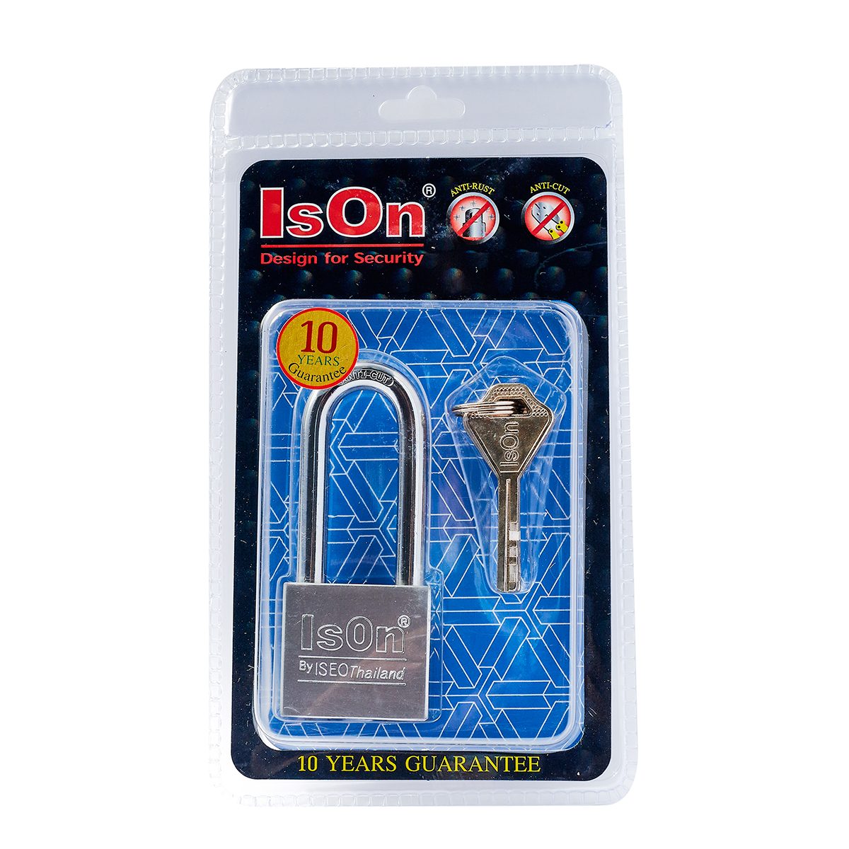ISON กุญแจเหล็กคาร์บอน รุ่น 899 CS งวงกันตัด ชุบซาติน ทรงเหลี่ยม ระบบวงแหวน Anti-Cut คอยาว ขนาด 40L มิลลิเมตร มาพร้อมดอกกุญแจ 4 ดอก (อีสออน)