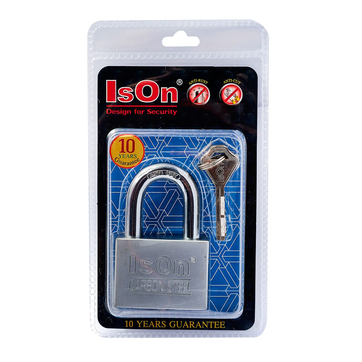 ISON กุญแจเหล็กคาร์บอน รุ่น 899-CS งวงกันตัด ชุบซาติน ทรงเหลี่ยม ระบบวงแหวน Anti-Cut คอสั้น ขนาด 60 มิลลิเมตร มาพร้อมดอกกุญแจ 4 ดอก (อีสออน)