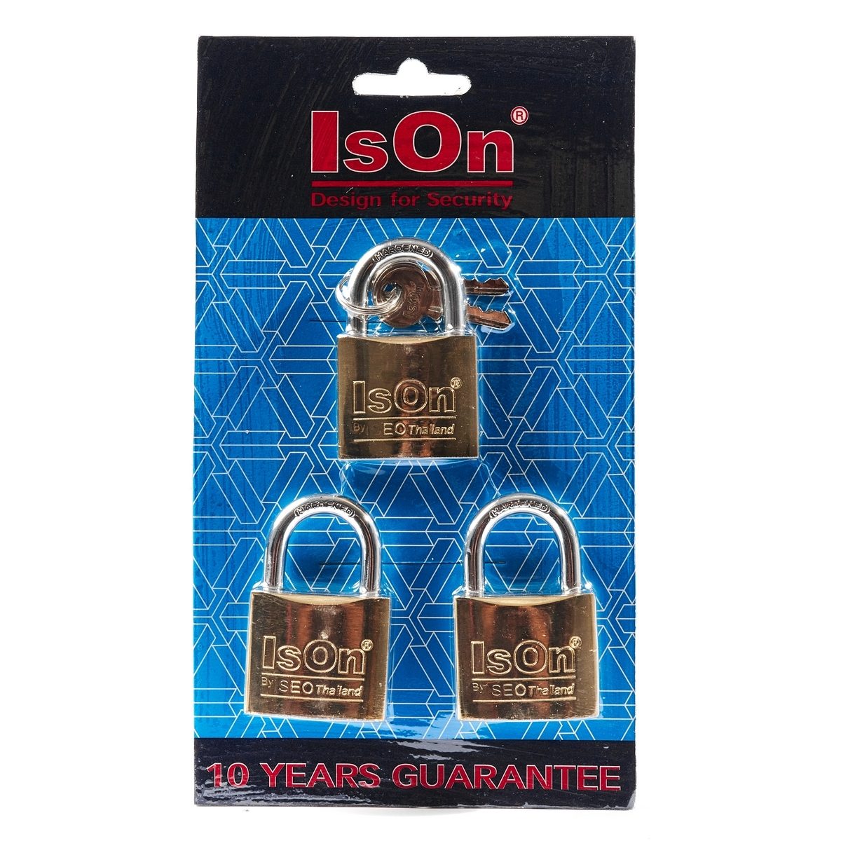 ISON กุญแจสปริงเหล็กสีทอง ระบบรหัสเหมือน งวงเหล้กกล้า กันเลื่อย คอสั้น ขนาด 38 มิลลิเมตร ชุด 3 ตัว มาพร้อมดอกกุญแจคีย์อะไลท์ 3 ดอก (อีสออน)
