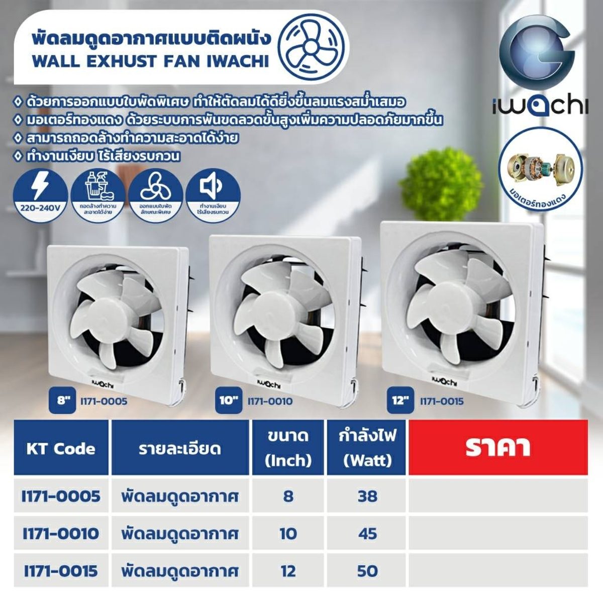 IWACHI พัดลมดูดอากาศ แบบติดผนัง 12 นิ้ว กำลังไฟ 50 วัตต์ แรงดันไฟฟ้า 220-240 โวลต์ เสริมความปลอดภัยด้วยระบบตัดไฟอัตโนมัติ เทอร์โม ฟิวส์ ทำงา