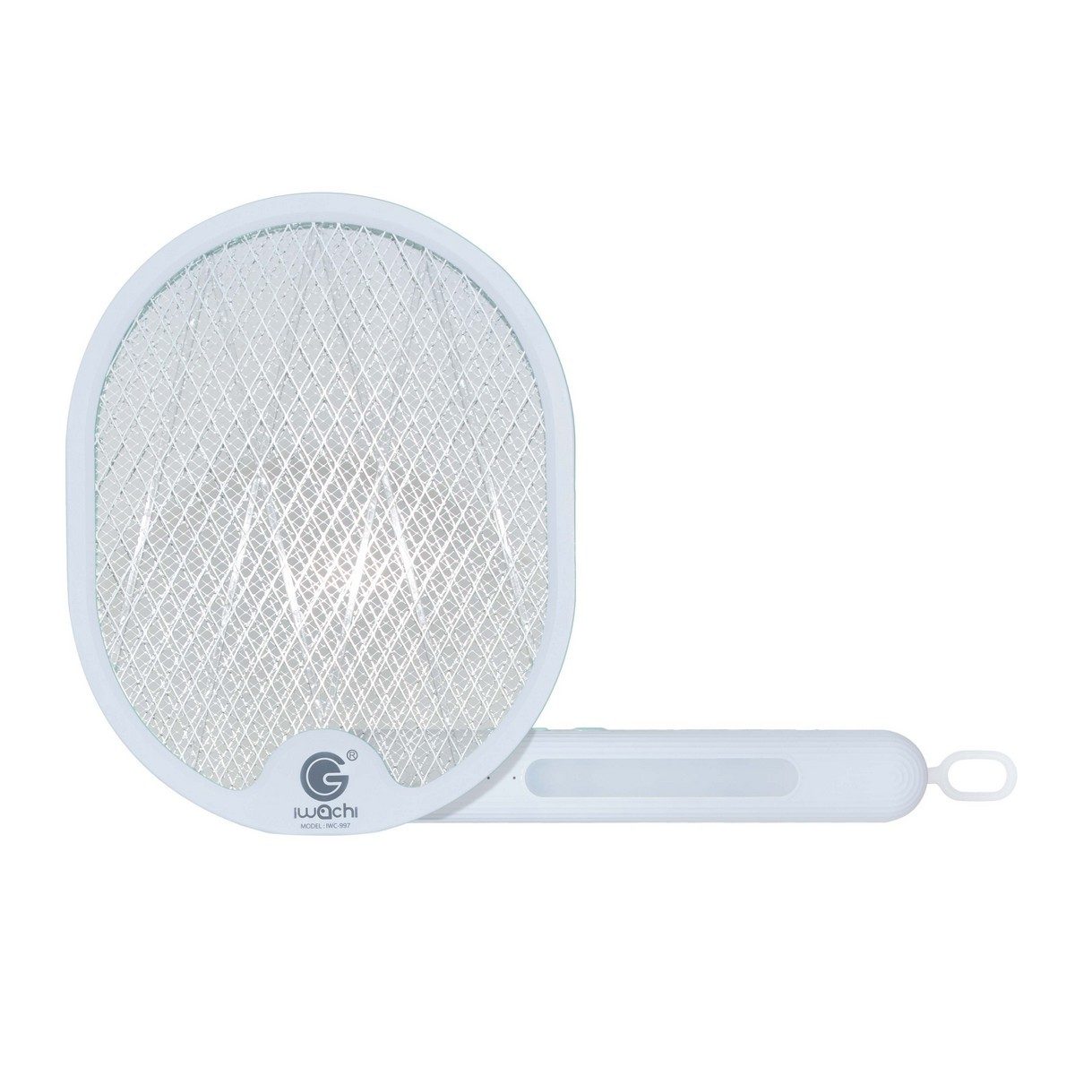 IWACHI ไม้ตียุง 4 IN 1 ทรงรี ใช้สำหรับตียุง ล่อยุง ( พับได้,แขวนได้)  มีระบบแสง UV 3800V เป็นแบบชาร์จแบต USB ไม่เปลืองไฟ ระบบตาข่าย 3 ชั้น พ
