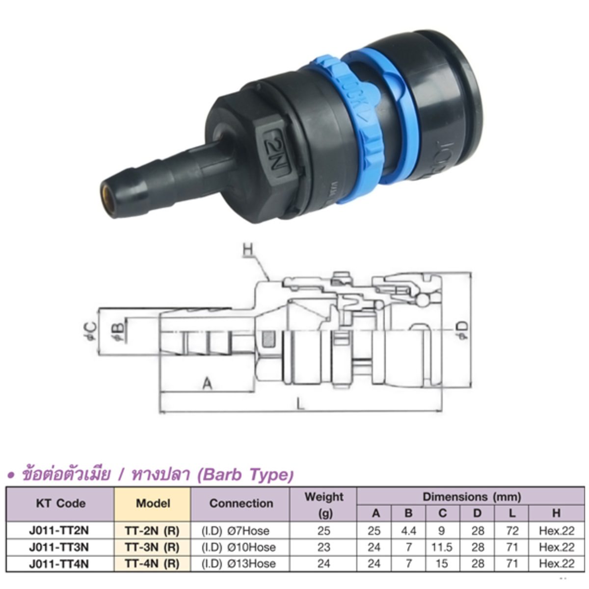 TT-4N(R) ข้อต่อตัวเมีย/หางปลา I.D.13HOSE