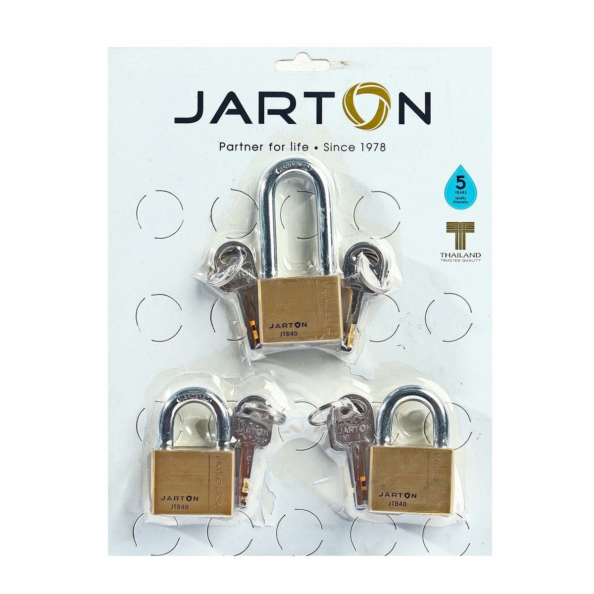 ชุดกุญแจลูกปืนทองเหลืองแท้ระบบมาสเตอร์คีย์ 40240L1 แบรนด์ จาร์ตัน (JARTON) รุ่น 119406 ขนาด คอสั้น 40 มม. 2 ตัว / คอยาว 40 มม. 1 ตัว ผลิตจาก