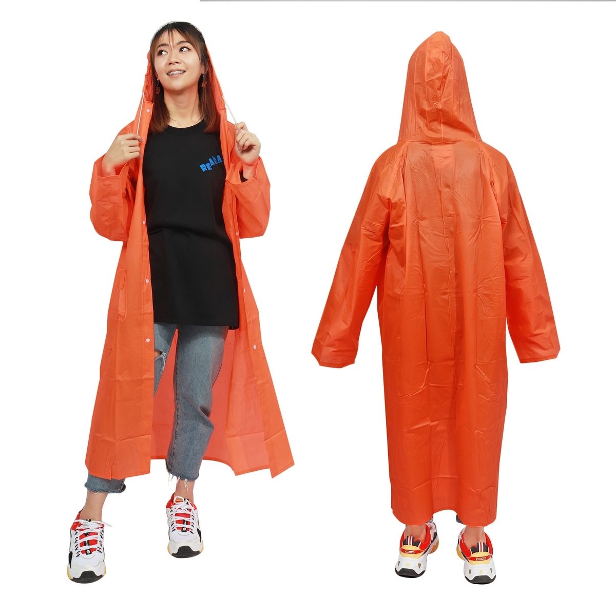 JUBILEE เสื้อโค้ทกันฝนผู้ใหญ่ เสื้อกันฝน ฟรีไซส์ ผ่าหน้า ผ้าโปร่ง เนื้อผ้า PVC 100% มีหมวกในตัว ติดกระดุม ติดกระเป๋า 2 ข้าง (12 ชิ้น/แพ็ค) (