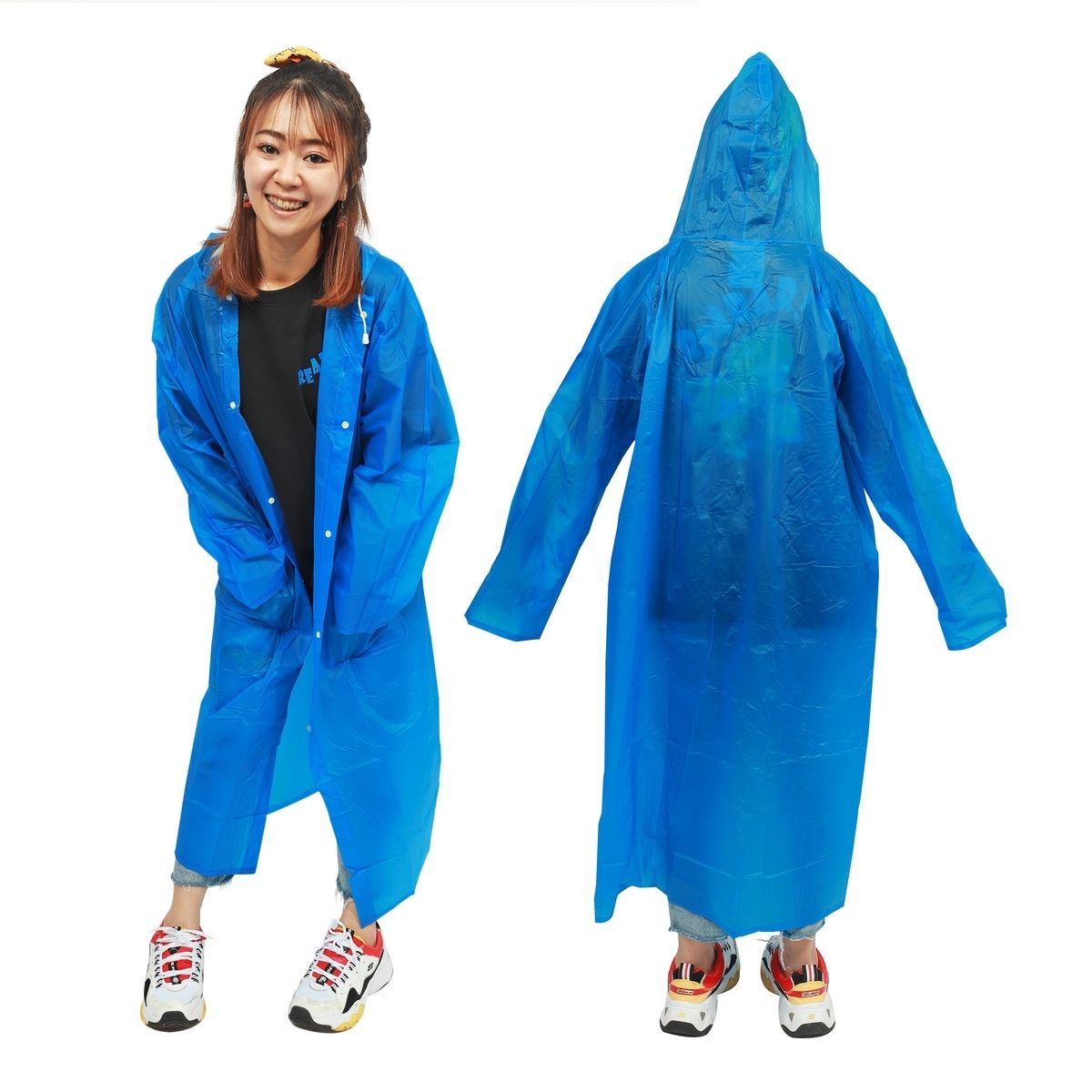 JUBILEE เสื้อโค้ทกันฝนผู้ใหญ่ เสื้อกันฝน ฟรีไซส์ ผ่าหน้า ผ้าโปร่ง เนื้อผ้า PVC 100% มีหมวกในตัว ติดกระดุม ติดกระเป๋า 2 ข้าง (12 ชิ้น/แพ็ค) (