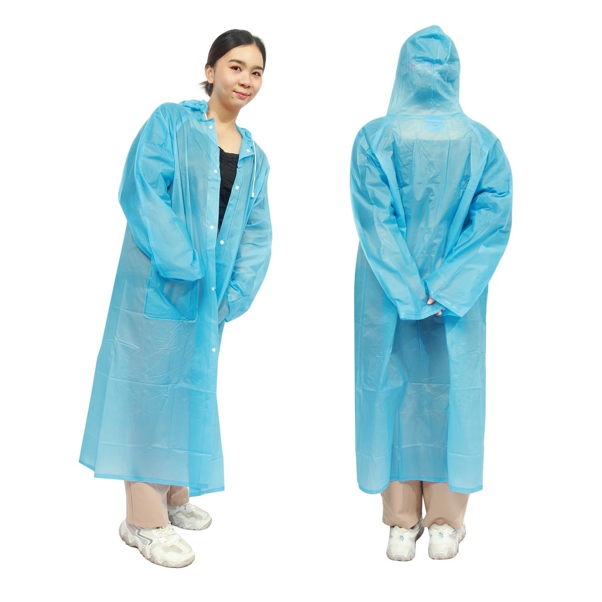 JUBILEE เสื้อโค้ทกันฝนผู้ใหญ่ เสื้อกันฝน ฟรีไซส์ ผ่าหน้า ผ้าโปร่ง เนื้อผ้า PVC 100% มีหมวกในตัว ติดกระดุม ติดกระเป๋า 2 ข้าง (12 ชิ้น/แพ็ค) (