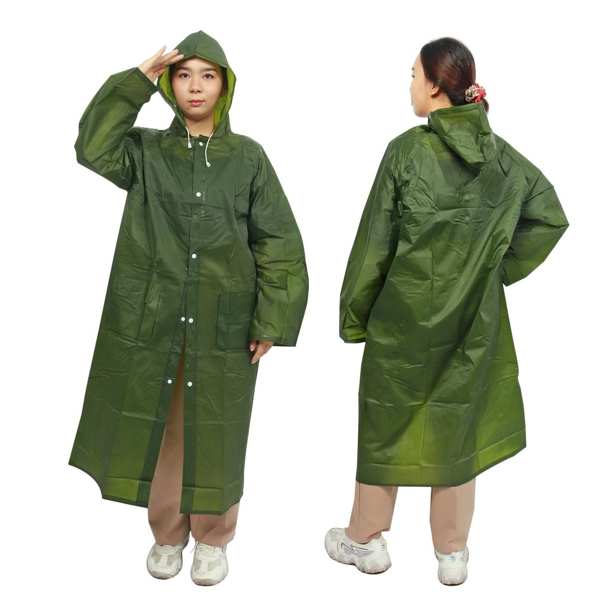 JUBILEE เสื้อโค้ทกันฝนผู้ใหญ่ เสื้อกันฝน ฟรีไซส์ ผ่าหน้า ผ้าโปร่ง เนื้อผ้า PVC 100% มีหมวกในตัว ติดกระดุม ติดกระเป๋า 2 ข้าง (12 ชิ้น/แพ็ค) (