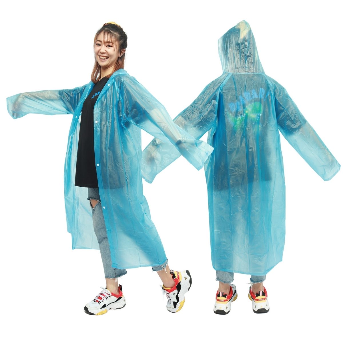 JUBILEE เสื้อโค้ทกันฝน แบบพกพา ฟรีไซส์ มีหมวกในตัว สามารถพับเก็บได้ในขนาดที่เล็กๆ ง่ายต่อการจัดเก็บในกระเป๋าหรือกล่องเก็บของในรถ ผ้า PVC 100