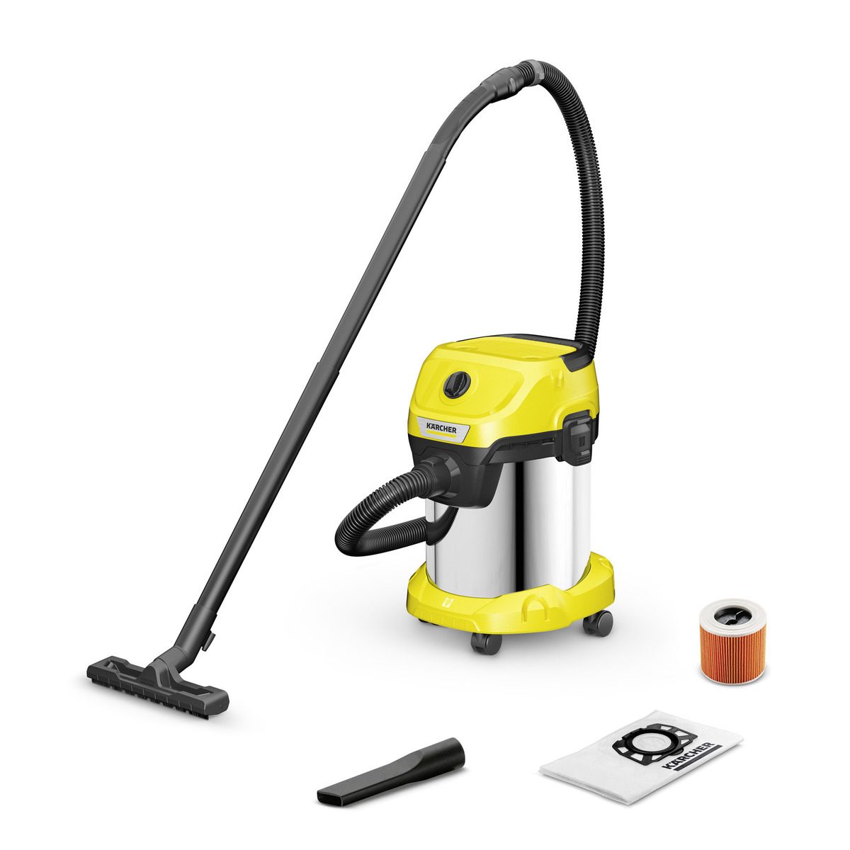 KARCHER เครื่องดูดฝุ่น น้ำ - แห้ง อเนกประสงค์ ขนาด 17 ลิตร รุ่น WD3SV ถังสแตนเลส ดูดฝุ่นทั้งเปียกและแห้งโดยไม่ต้องเปลี่ยนไส้กรอง มีระบบล็อค 