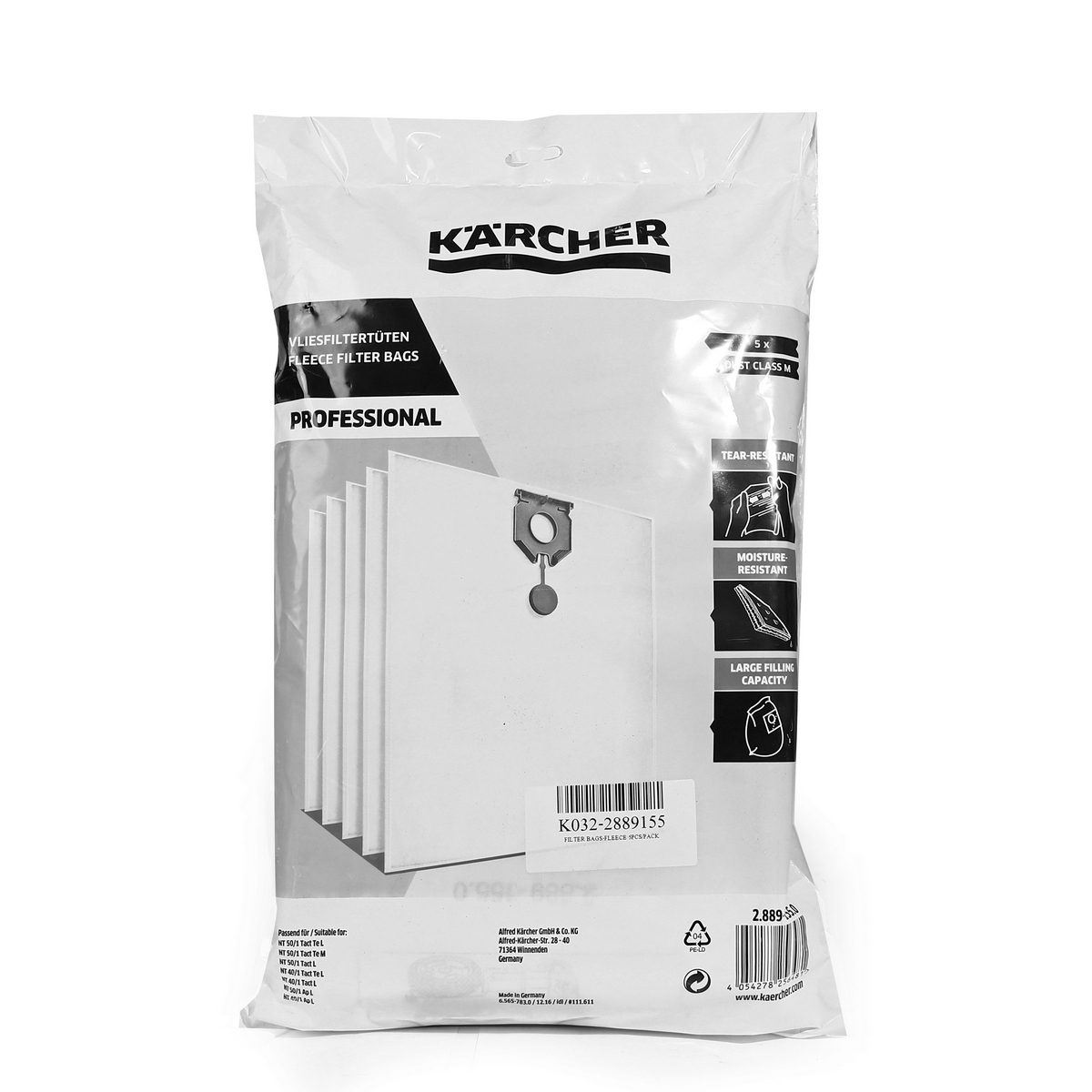 KARCHER อะไหล่ Filter Bags-Fleece 40-50 Liter ใช้กับเครื่องดูดฝุ่นน้ำ-แห้ง คาร์เชอร์ รุ่น NT40/1APL (5 ชิ้น/แพ็ค)