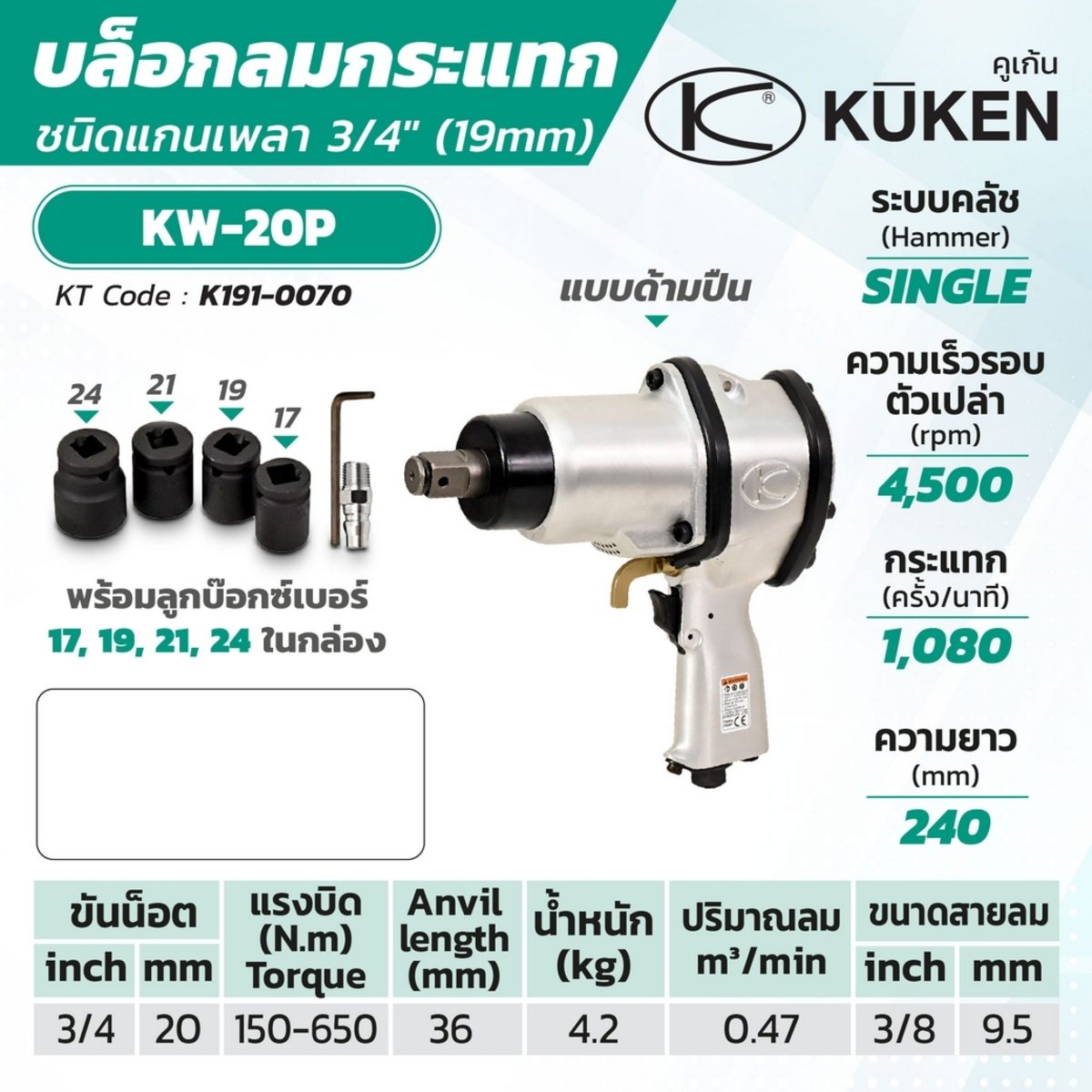 บล็อกลมกระแทก KUKEN (คูเคน) รุ่น KW-20P แกนเพลา 3/4 นิ้ว พร้อมลูกบล็อก ขันน็อต 3/4 นิ้ว (20 มม.) ความยาวแกนเพลา 36 มม. ผลิตในประเทศญี่ปุ่น