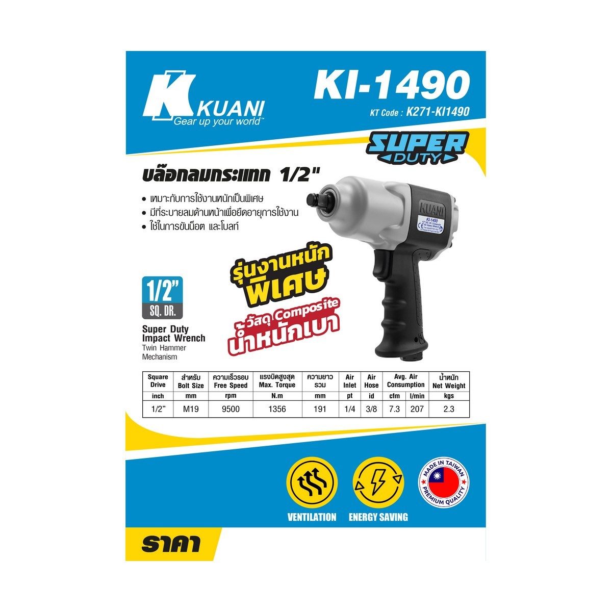 KI-1490บล๊อกลม1/2"TWIN HAMMER(COMPOSITE)