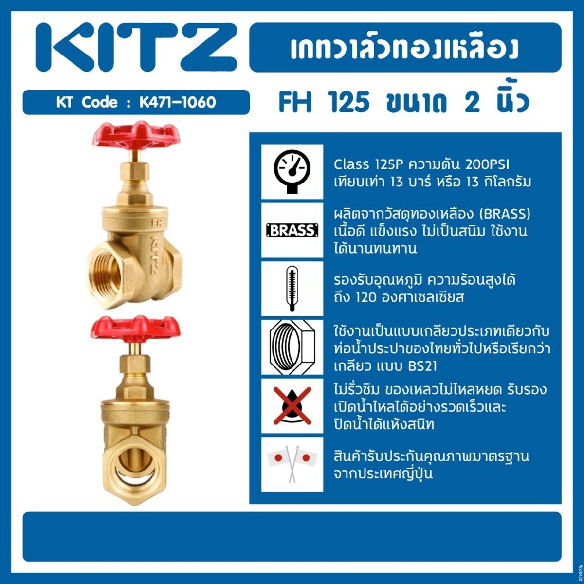 KITZ (คิทซ์) เกทวาล์วทองเหลือง 2 นิ้ว รุ่น FH 125 Class 125P แรงดัน 200 PSI (13 บาร์) ทนความร้อนสูงได้ถึง 120°C  ไม่รั่วซึม ใช้ได้ทุกสถานที่