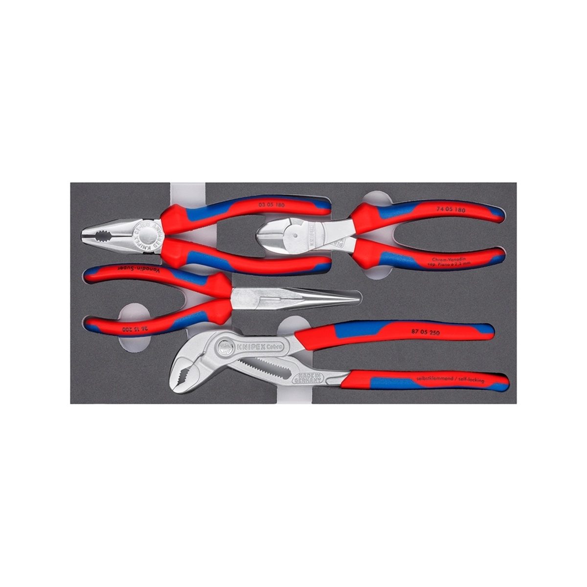 KNIPEX ชุดคีมในถาดโฟม 4 ชิ้น (V17) รหัส 00 20 01 V17 น้ำหนัก 1,225 กรัม ขนาดเส้นผ่าศูนย์กลาง 166 X 30 มม. (คะนิเพค)
