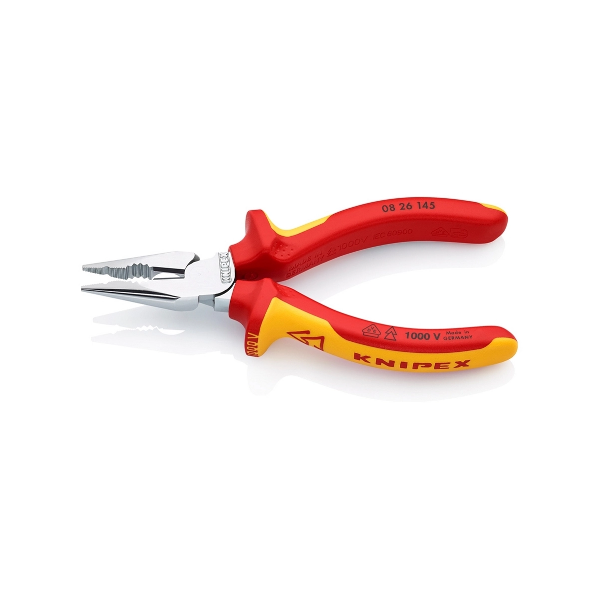 KNIPEX คีมรวมปากแหลม เคลือบโครม ด้ามVDE ขนาด 145 มม. รหัส 08 26 145 (คะนิเพค)