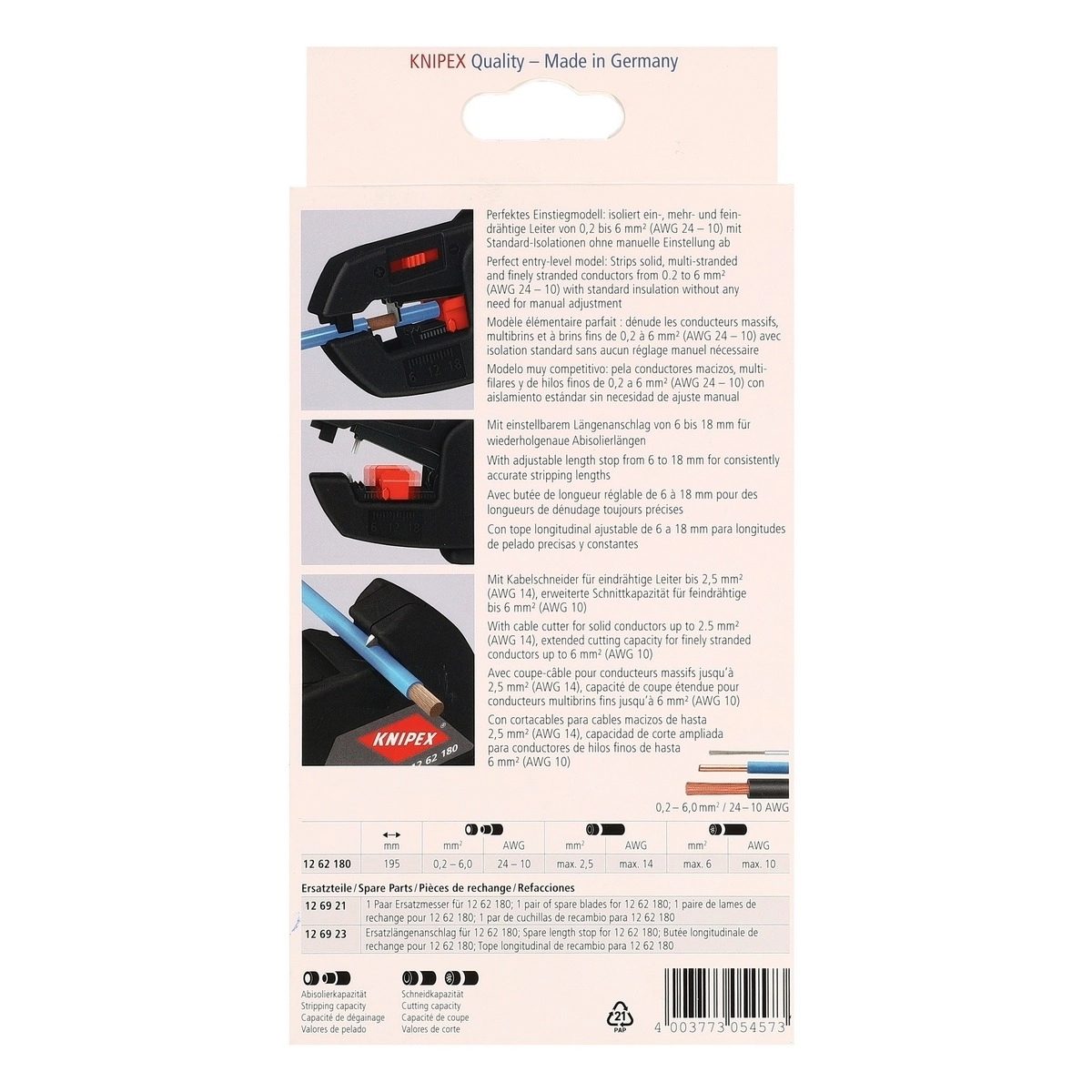 KNIPEX คีมปอกสายไฟแบบกลม อัตโนมัติ ขนาด 180 มม รหัส 12 62 180 (คะนิเพค)