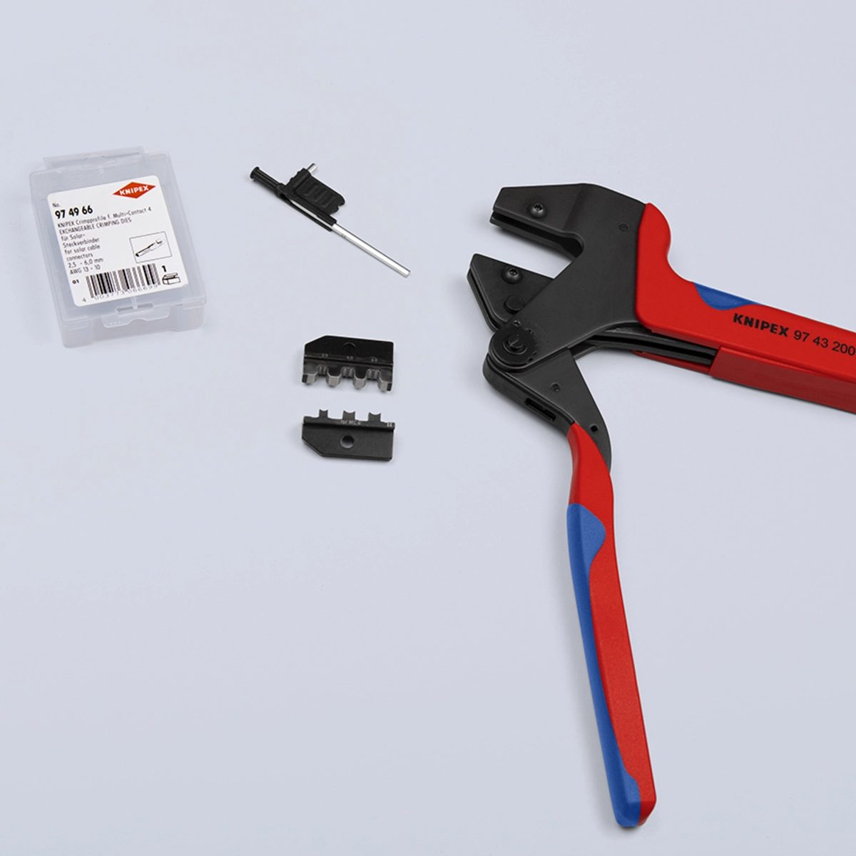 KNIPEX ชุดคีมย้ำหางปลาพร้อมอุปกรณ์เปลี่ยนหัวดาย รองรับการย้ำตามมาตรฐาน UL ใช้กับปลอกหุ้มสายไฟ KNIPEX รุ่น 97 99 330 - 399 (คะนิเพค)