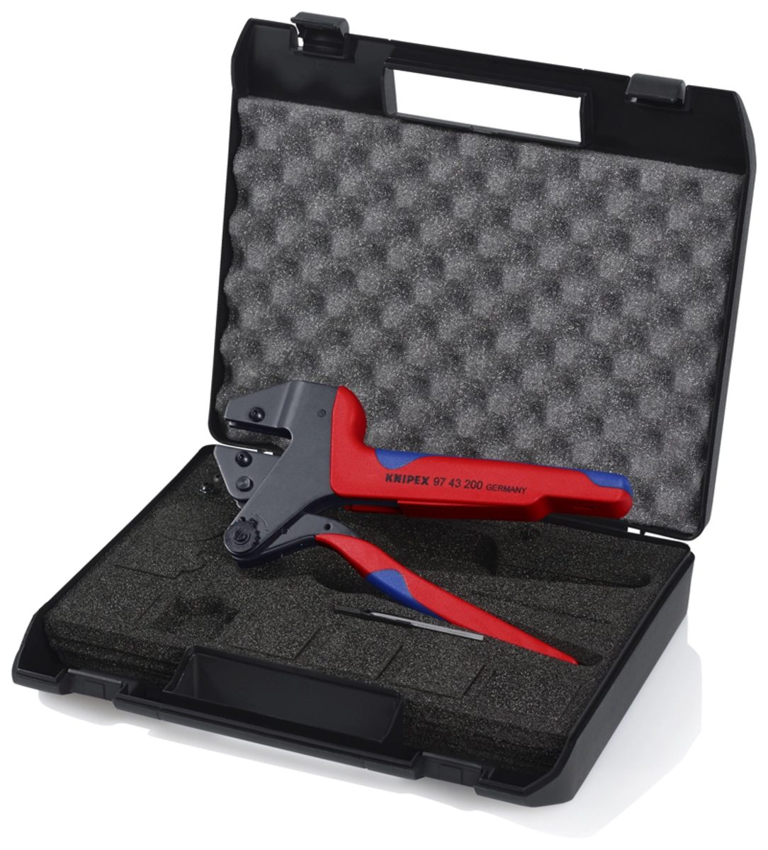 KNIPEX ชุดคีมย้ำหางปลาพร้อมอุปกรณ์เปลี่ยนหัวดาย รองรับการย้ำตามมาตรฐาน UL ใช้กับปลอกหุ้มสายไฟ KNIPEX รุ่น 97 99 330 - 399 (คะนิเพค)