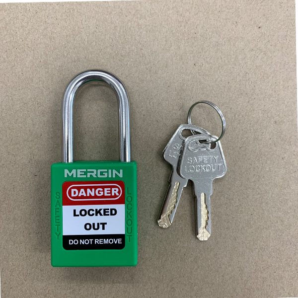 MERGIN  กุญแจนิรภัยก้านสแตนเลส 38 มม.สีเขียว พร้อมลูกกุญแจ 2 ดอก / Keyed differ Lockout/ Safety padlock