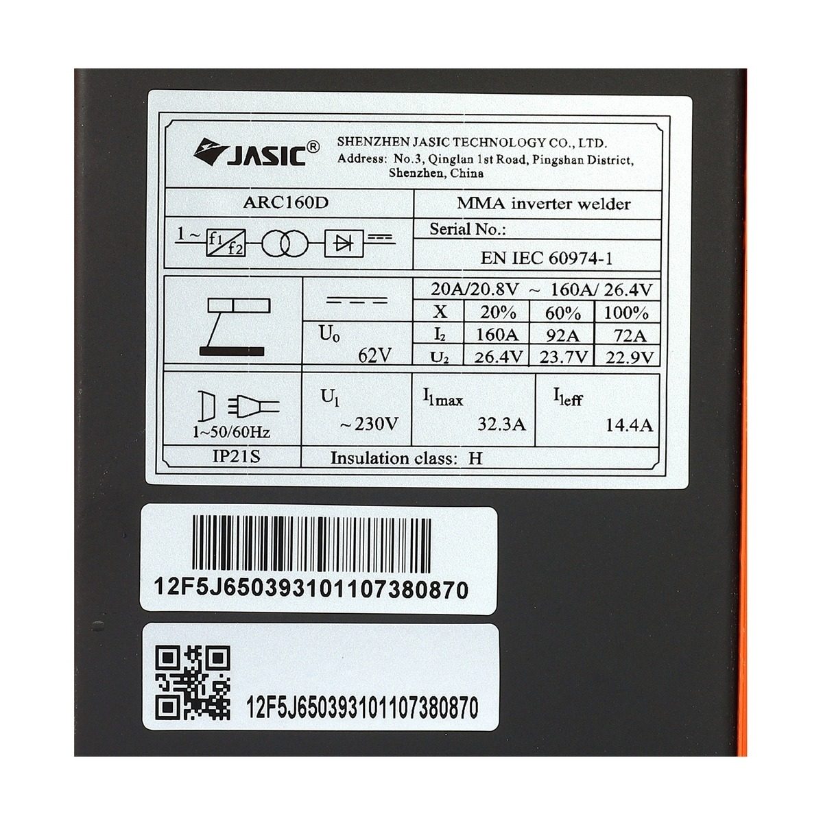 JASIC เครื่องเชื่อม 20-160 แอมป์ รุ่น ARC160D แรงดันไฟฟ้า 1 เฟส 230 โวลต์ 50/60 เฮิรตซ์ ระบบป้องกัน IP21S (เจสิค)
