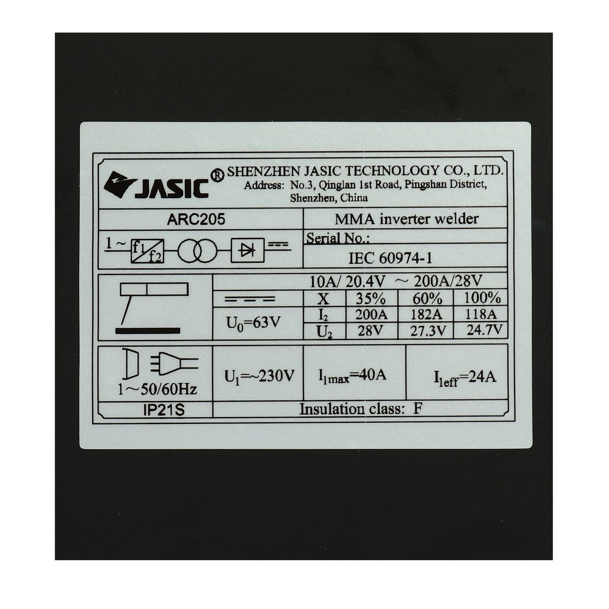 JASIC เครื่องเชื่อม ARC รุ่น ARC205 กระแสไฟเชื่อม 20-180 แอมป์ แรงดันไฟ 220 โวลต์ กำลังไฟฟ้าเข้า 7.4KVA ขนาดลวดที่ใช้ 1.6-4.0 มม. ประสิทธิภา