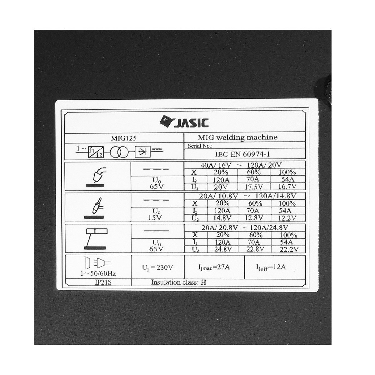 JASIC เครื่องเชื่อม MIG รุ่น MIG125 ไฟ 230 โวลต์ 1 เฟส กระแสไฟเชื่อม 20-120 แอมป์ ระดับป้องกัน IP21S ใช้กับลวดเชื่อม MIG ขนาด 1 กก. (เจสิค)