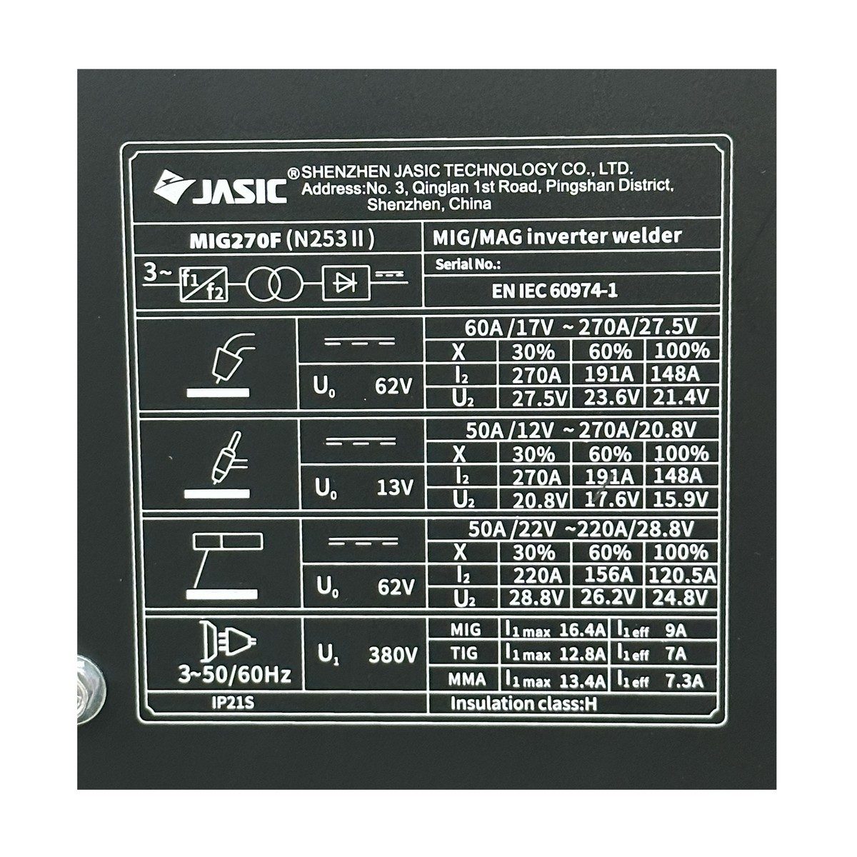 JASIC เครื่องเชื่อม MIG 60-270A (13-32V) ไฟ 3 เฟส 380 โวลต์ รุ่น MIG270FN253 มีระบบ MMA และ Lift TIG ระบบเช็คแก๊สและเช็คลวด ระบบป้องกัน IP21