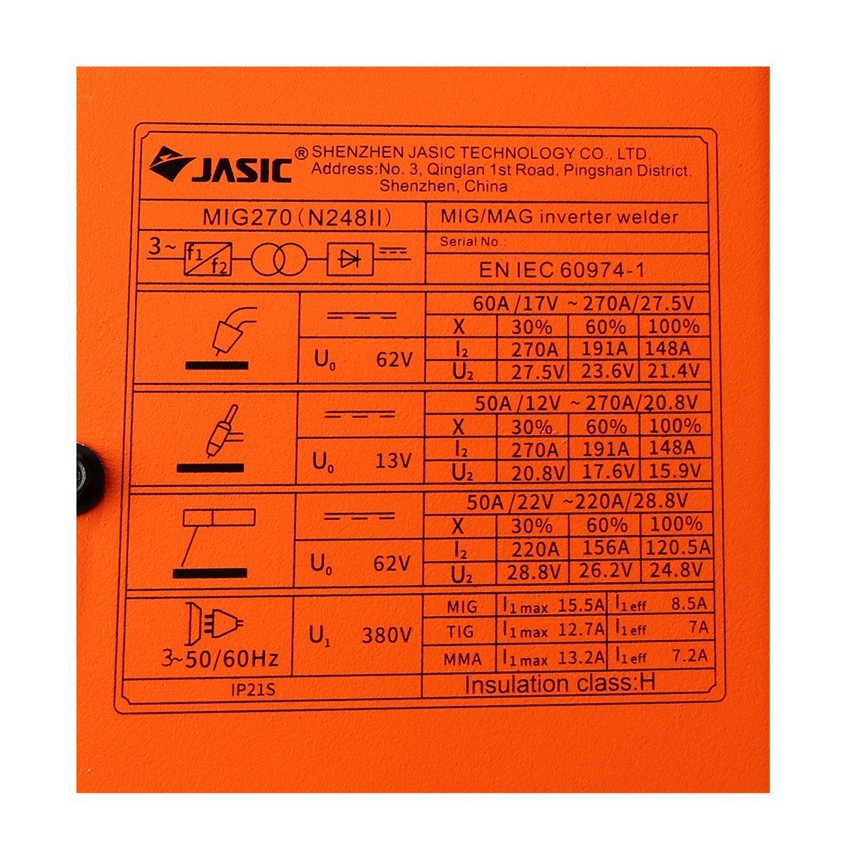 JASIC (เจสิค) เครื่องเชื่อม MIG, MMA, Lift TIG รุ่น MIG270N248II แรงดันไฟ 3 เฟส 380 โวลต์ ระบบเช็คแก๊สและเช็คลวด ระบบป้องกัน IP21S