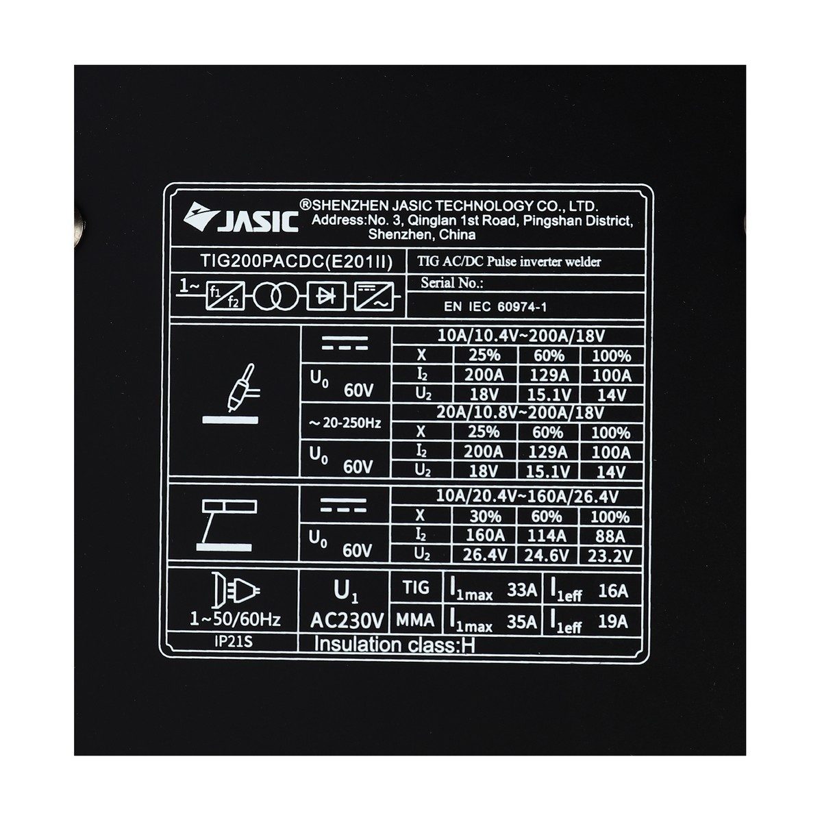 JASIC เครื่องเชื่อม TIG / MMA รุ่น TIG200PACDC E201II 1 เฟส 6 KVA TIG Pulse AC/DC ระบบป้องกัน IP21S (เจสิค)