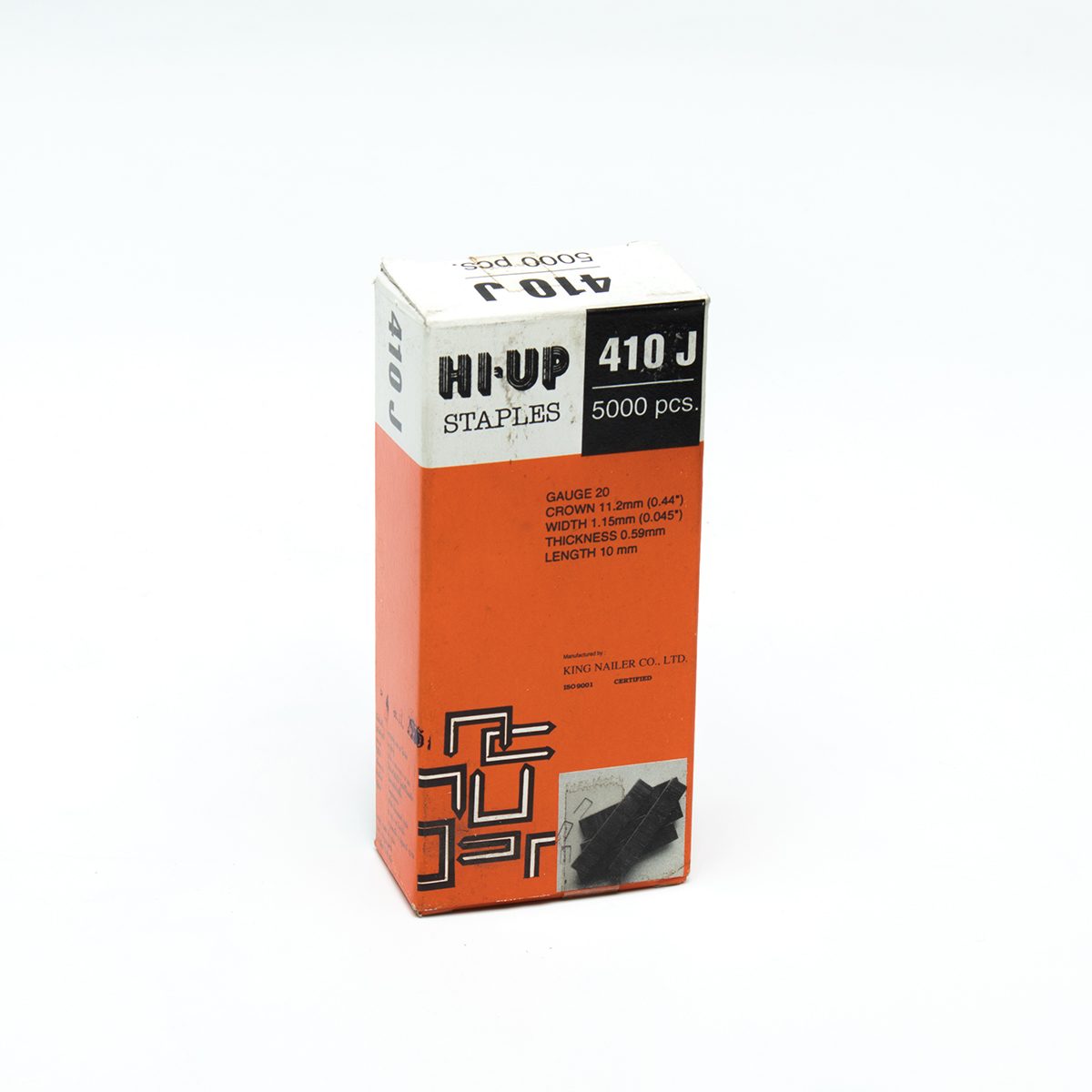 HI-UP ลูกแม็กซ์ขาคู่ กว้าง 4 มม. ยาว 10 มม. หนา 0.59 มม. รุ่น 410 สำหรับงานไม้ บรรจุ 5,000 ตัว/กล่อง (ไฮ-อัพ)