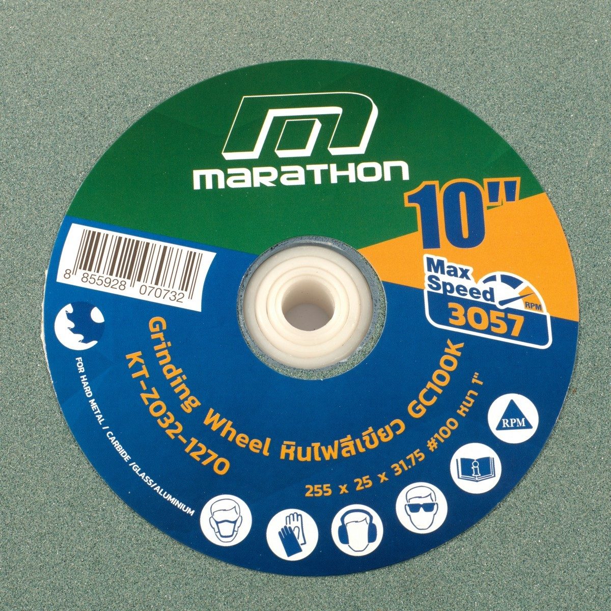 MARATHON หินไฟ สีเขียว 10 นิ้ว เบอร์ 100 หนา 1 นิ้ว ใช้สำหรับเจียคาร์ไบด์ ใช้กับเครื่องมอเตอร์หินไฟ (มาราธอน)
