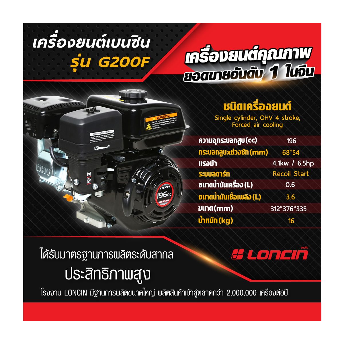 G200F เครื่องยนต์เบนซิน ขนาด 6.5 HP