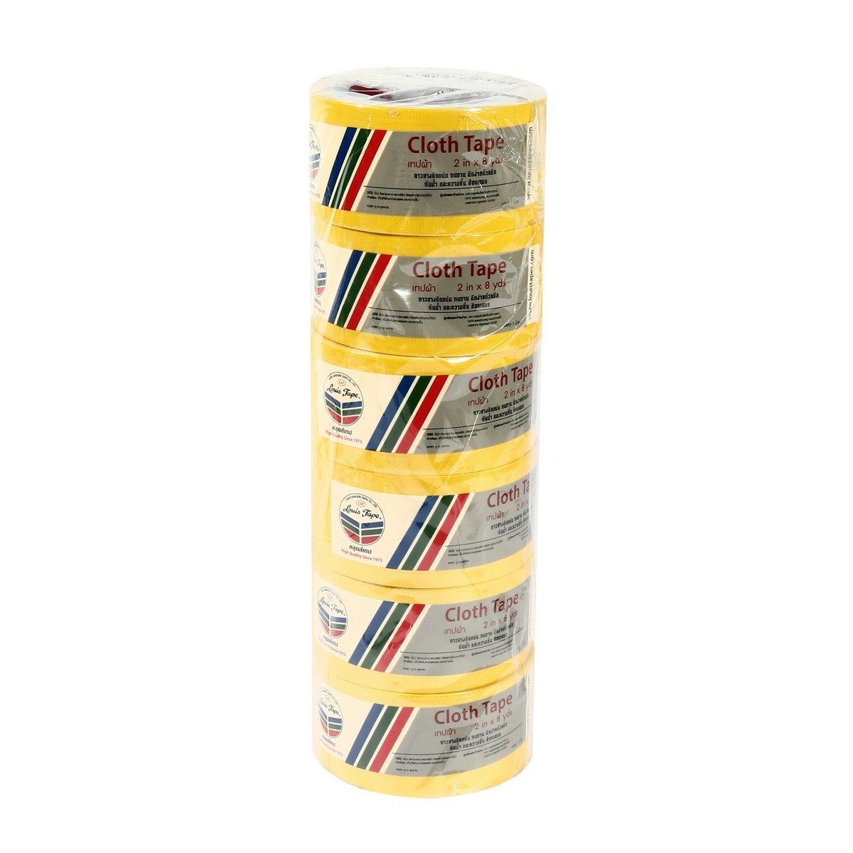 LOUIS TAPE เทปผ้าสีเหลือง ขนาด 2 นิ้ว X 8 หลา (6 ม้วน/แพ็ก) เหนียว ทนทาน ฉีกได้ด้วยมือเปล่า ใช้งานสะดวก ผ้าเคลือบผิวด้วย PE กันน้ำ กันความชื