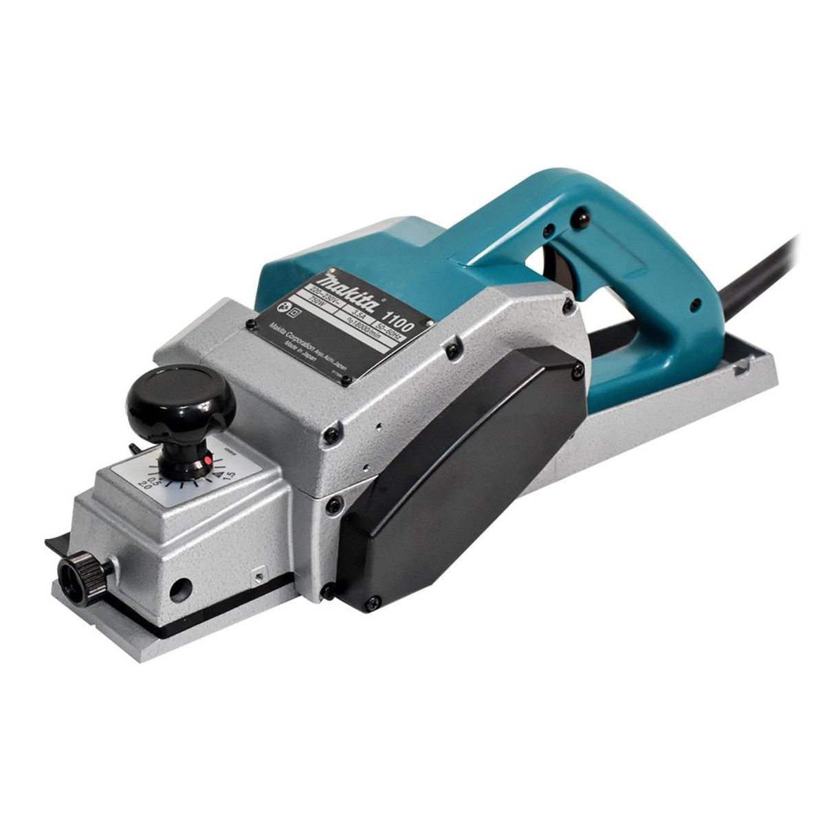 MAKITA กบไสไม้ไฟฟ้า ขนาด 3-1/4 นิ้ว (82 มม.) กำลังไฟ 750 วัตต์ รุ่น 1100 กบกินเนื้อไม้ลึก 3 มม. ความเร็วรอบตัวเปล่า 18,000 รอบ/นาที มีฉนวนสอ