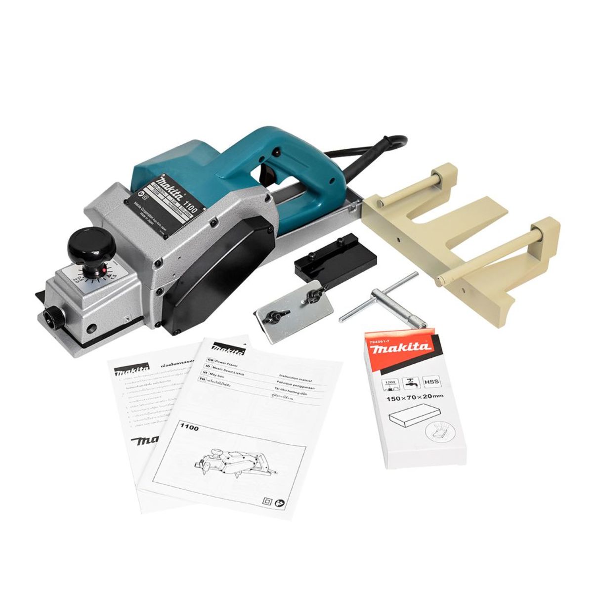 MAKITA กบไสไม้ไฟฟ้า ขนาด 3-1/4 นิ้ว (82 มม.) กำลังไฟ 750 วัตต์ รุ่น 1100 กบกินเนื้อไม้ลึก 3 มม. ความเร็วรอบตัวเปล่า 18,000 รอบ/นาที มีฉนวนสอ