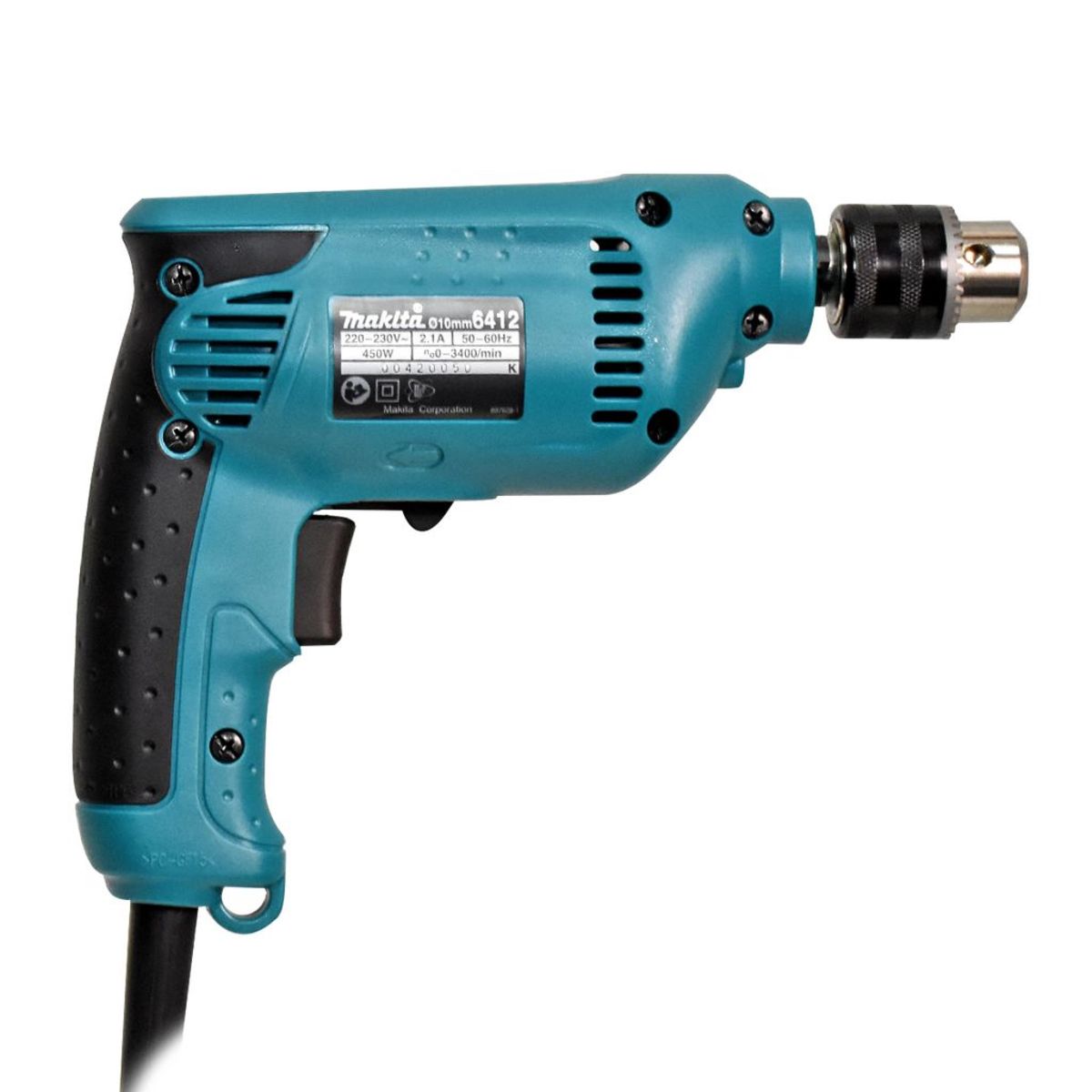 MAKITA สว่านไฟฟ้า ขนาด 3/8 นิ้ว กำลังไฟ 450 วัตต์ รุ่น 6412 ความเร็วรอบตัวเปล่าสูงสุด 0-3,400 รอบ/นาที มีฉนวนสองชั้น ปรับซ้ายขวาได้ หัวสว่าน
