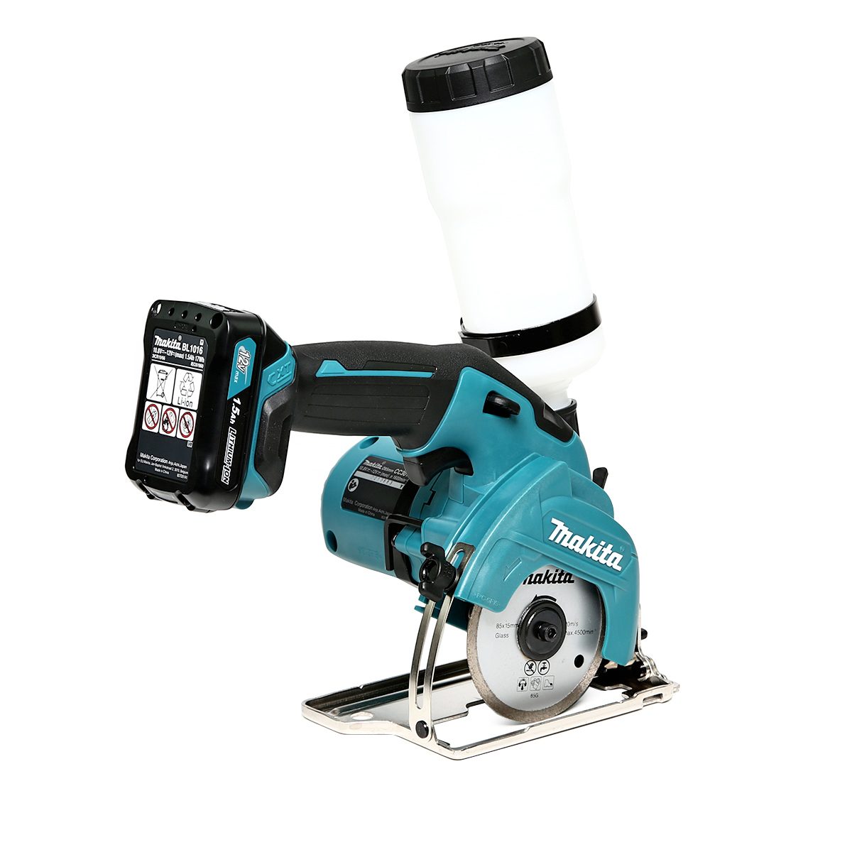MAKITA เครื่องตัดกระจกไร้สาย 12 โวลต์ ขนาด 85 มม. (3-3/8 นิ้ว) รุ่น CC301DWYE ความเร็วรอบตัวเปล่า 1,600 รอบ/นาที รวมแบตเตอรี่และแท่นชาร์จ (ม
