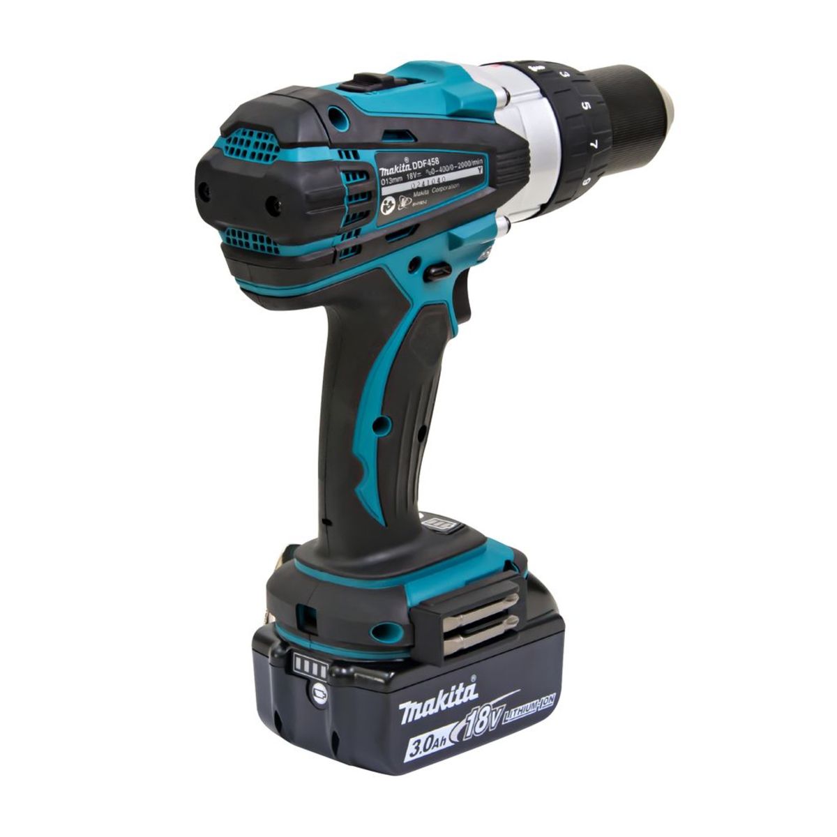 MAKITA สว่านไขควงไร้สาย 18 โวลต์ ขนาด 1/2 นิ้ว รุ่น DDF-458RFE แรงบิดหมุน 84 นิวตันเมตร รวมแบตเตอรี่และแท่นชาร์จ (มากีต้า)