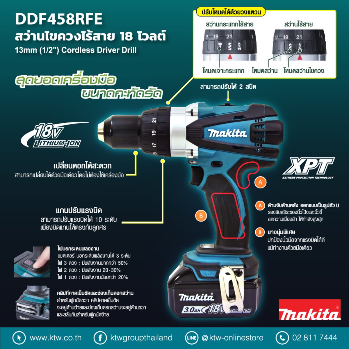 MAKITA สว่านไขควงไร้สาย 18 โวลต์ ขนาด 1/2 นิ้ว รุ่น DDF-458RFE แรงบิดหมุน 84 นิวตันเมตร รวมแบตเตอรี่และแท่นชาร์จ (มากีต้า)