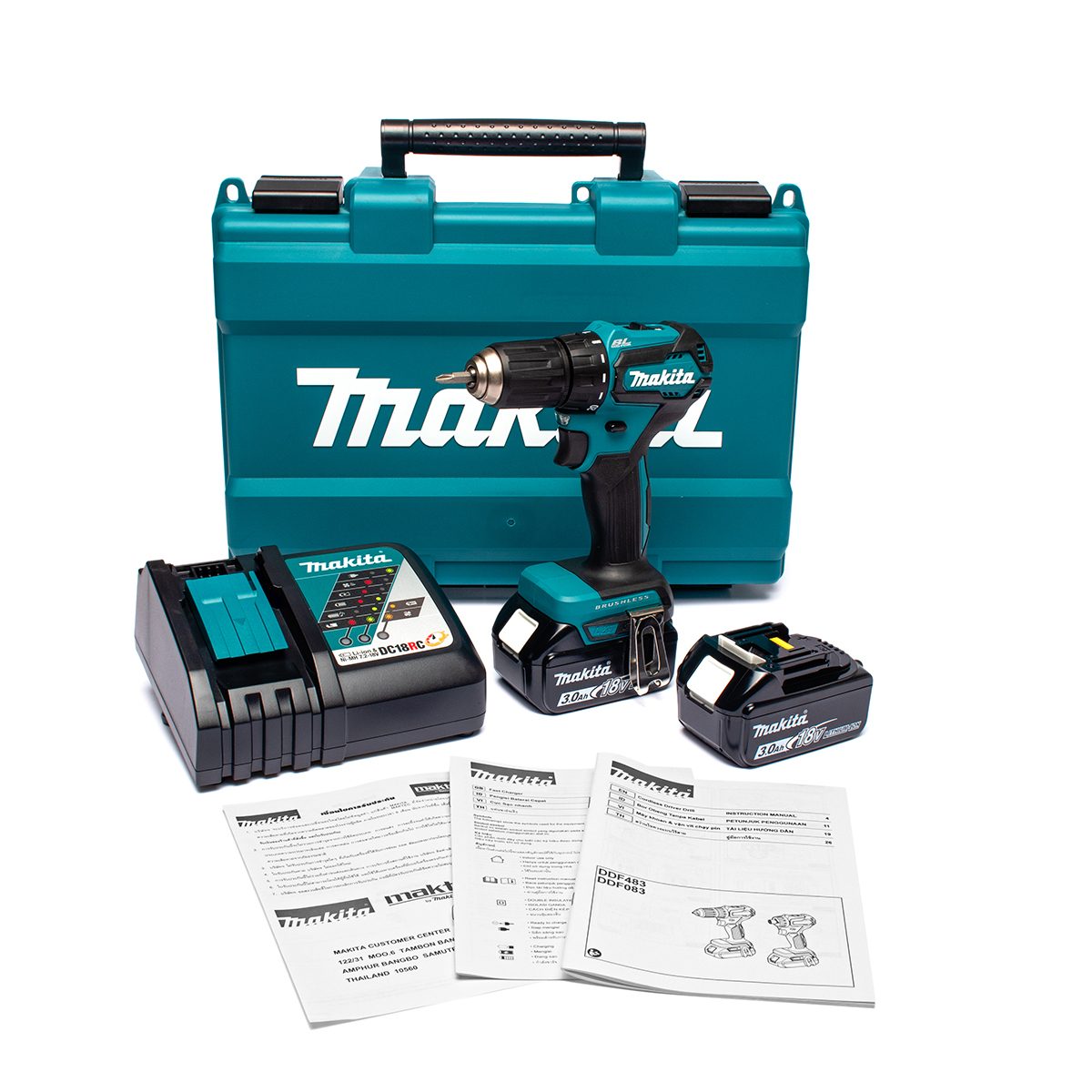 MAKITA ชุดสว่านไขควงไร้สาย 18 โวลต์ รุ่น DDF483RFE เจาะโลหะ 13 มม. (1/2 นิ้ว) เจาะไม้ 36 มม. (1-7/16 นิ้ว) มอเตอร์แบบไร้แปรงถ่าน ปรับแรงบิดไ