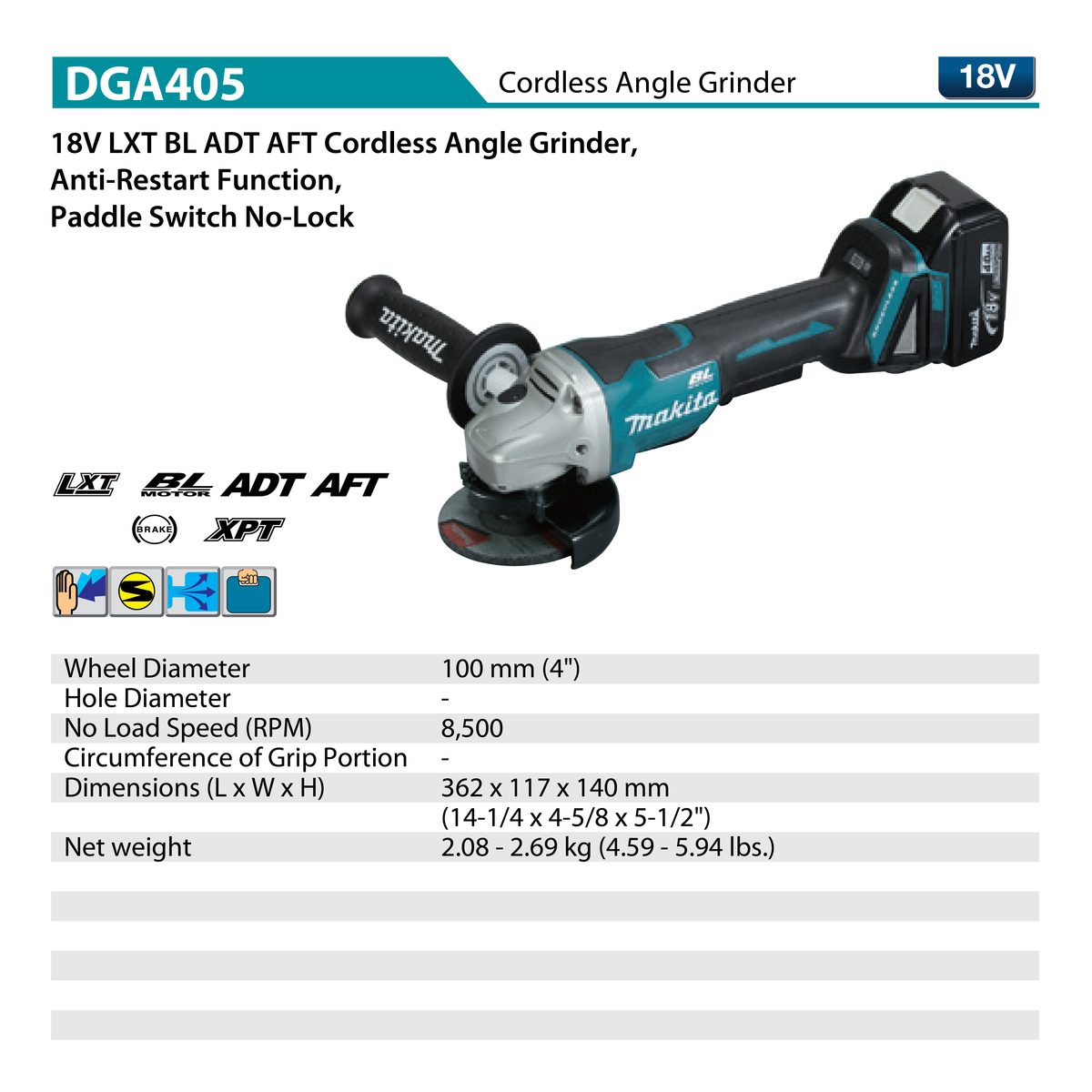 MAKITA เครื่องเจียไร้สาย 18 โวลต์ ขนาด 4 นิ้ว รุ่น DGA405Z ความเร็วรอบตัวเปล่า 8,500 รอบ/นาที ไม่รวมแบตเตอรี่และแท่นชาร์จ (มากีต้า)