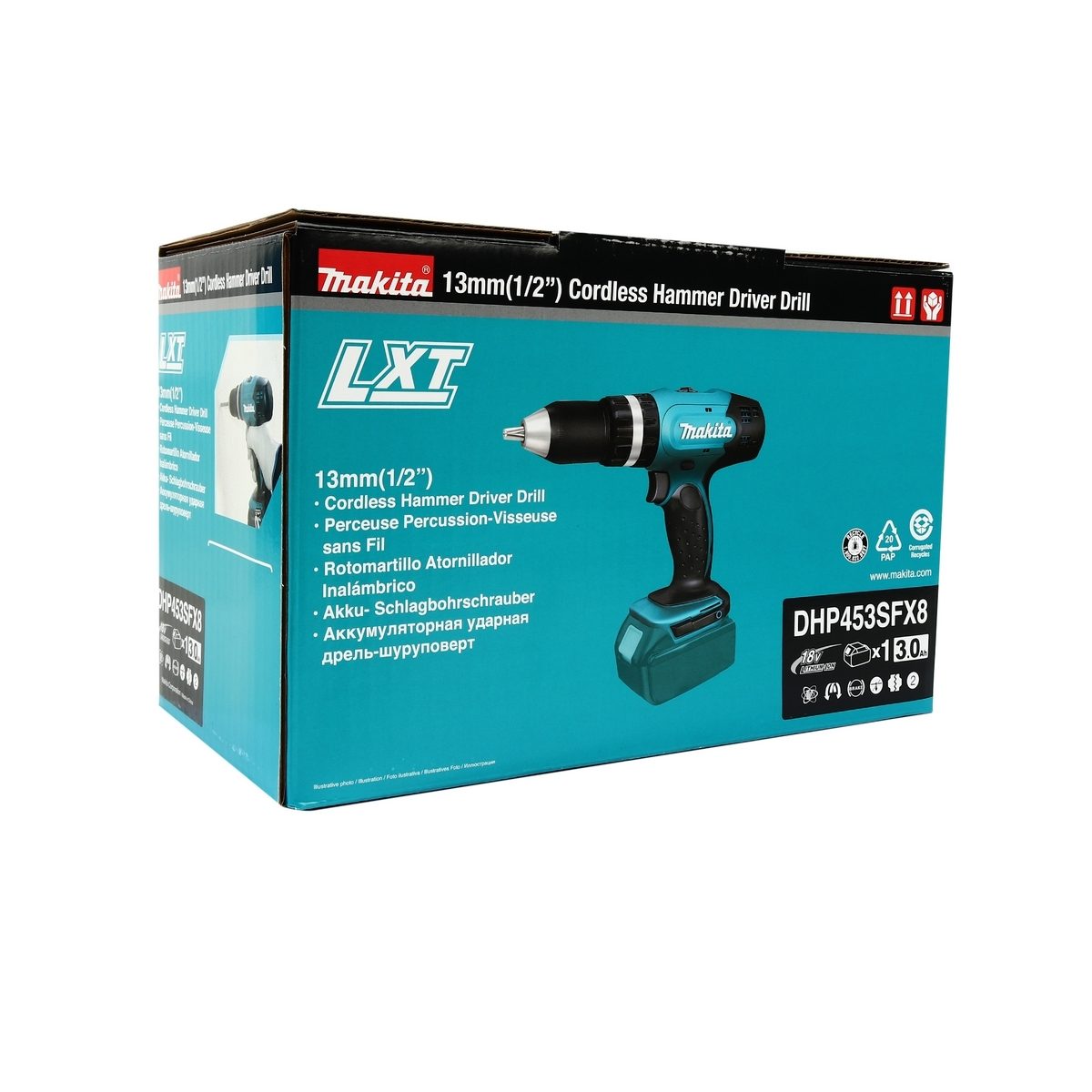 MAKITA สว่านกระแทกไร้สาย 18 โวลต์ ขนาด 13 มม. (1/2 นิ้ว) รุ่น DHP453SFX8 แรงบิดหมุน 38 นิวตันเมตร รวมแบตเตอรี่-แท่นชาร์จ (มากีต้า)