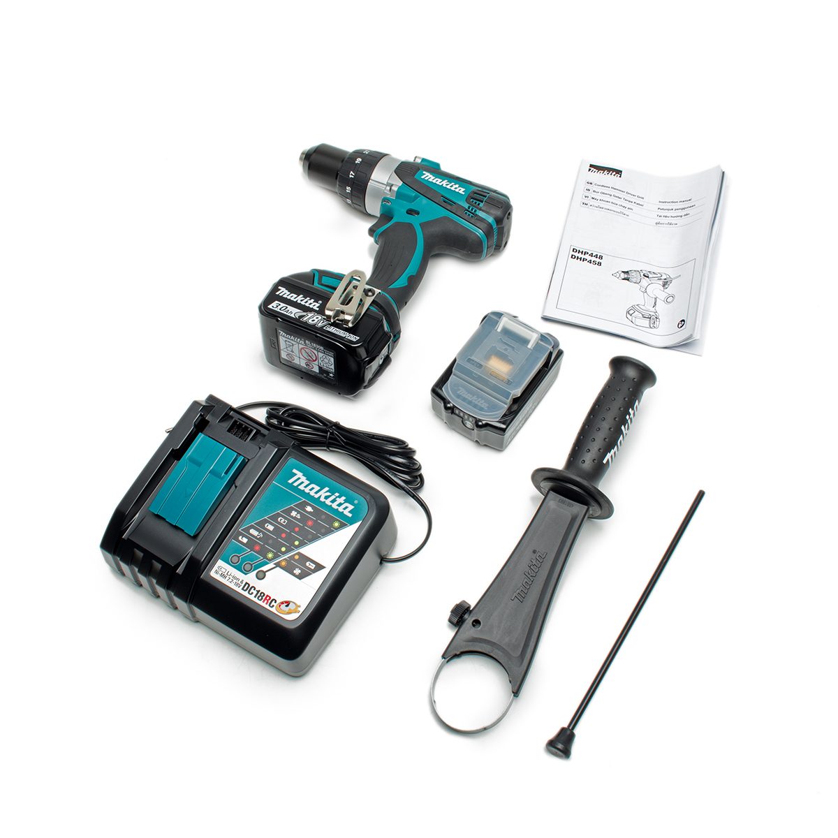 MAKITA สว่านกระแทกไร้สาย 18 โวลต์ ขนาด 13 มม. (1/2 นิ้ว) รุ่น DHP458RFE แรงบิดหมุน 84 นิวตันเมตร รวมแบตเตอรี่-แท่นชาร์จ (มากีต้า)