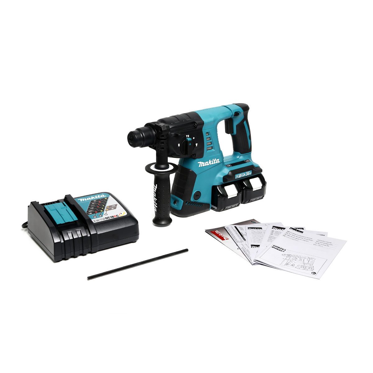 MAKITA สว่านโรตารี่ไร้สาย 36 โวลต์ ขนาด 26 มม. (1 นิ้ว) รุ่น DHR263RF2 ขนาดหัวจับดอกสว่าน 1/2 นิ้ว ใช้กับดอกสว่าน SDS PLUS รวมแบตเตอรี่-แท่น