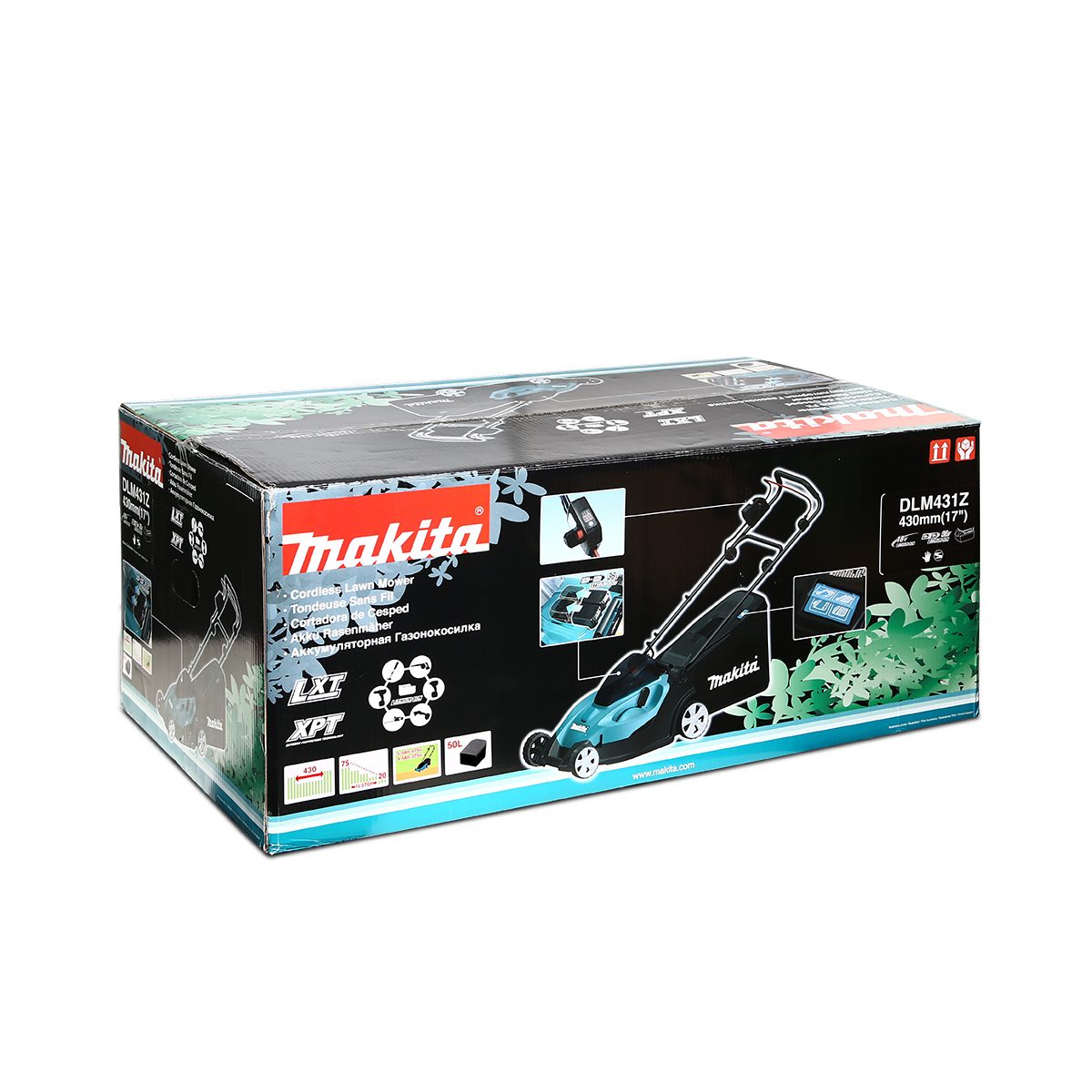 MAKITA รถเข็นตัดหญ้าไร้สาย 36 โวลต์ รุ่น DLM431Z ความกว้างในการตัด 430 มม. ที่เก็บหญ้า 50 ลิตร ความเร็วรอบตัวเปล่า 3,600 รอบ/นาที ไม่รวมแบตเ