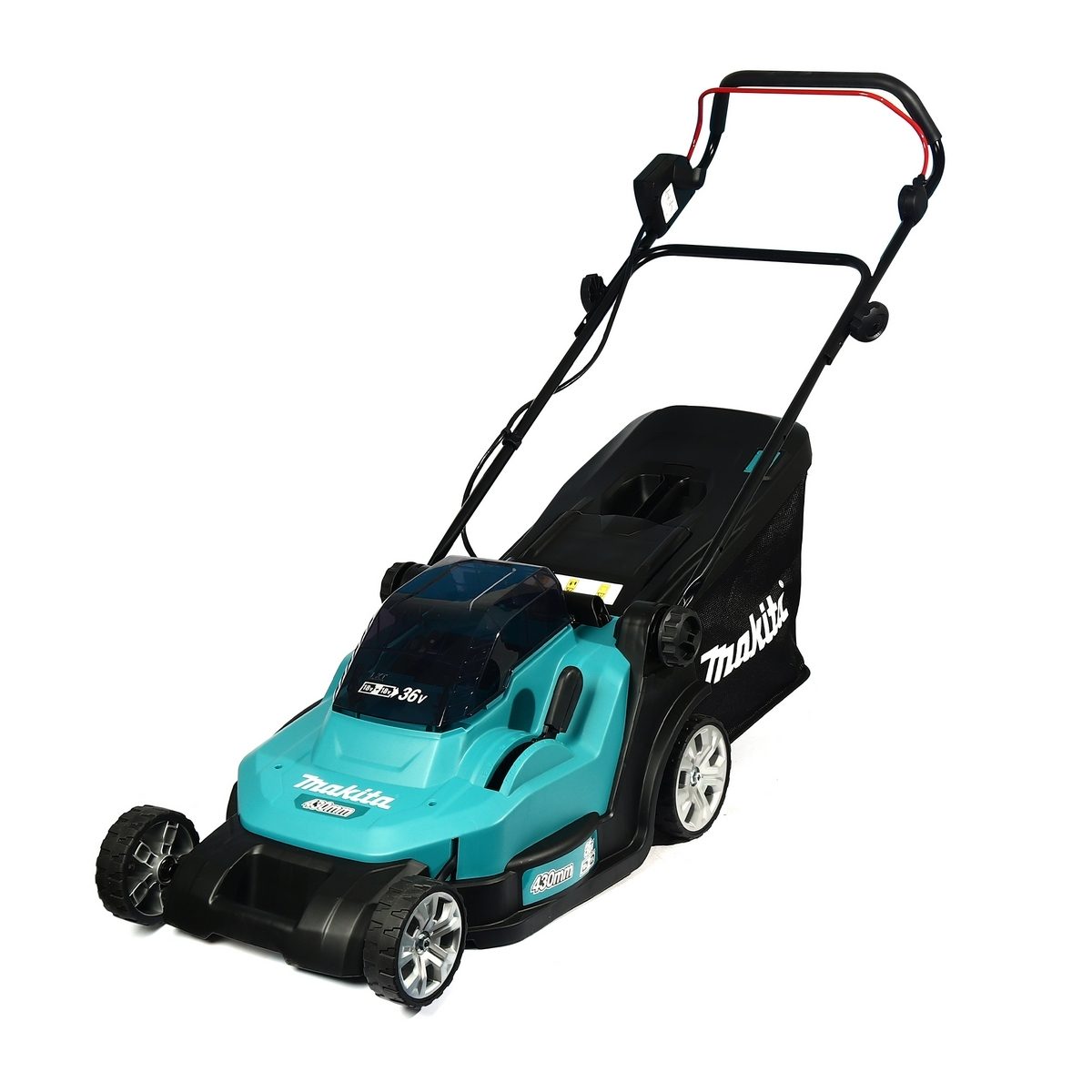 รถเข็นตัดหญ้าไร้สาย มากีต้า (MAKITA) รุ่น DLM432Z ความกว้างใบตัด 430 มม. แบตเตอรี่ 36 โวลต์ ความเร็วรอบตัวเปล่า 3600 รอบ/นาที ถังเก็บหญ้า 50