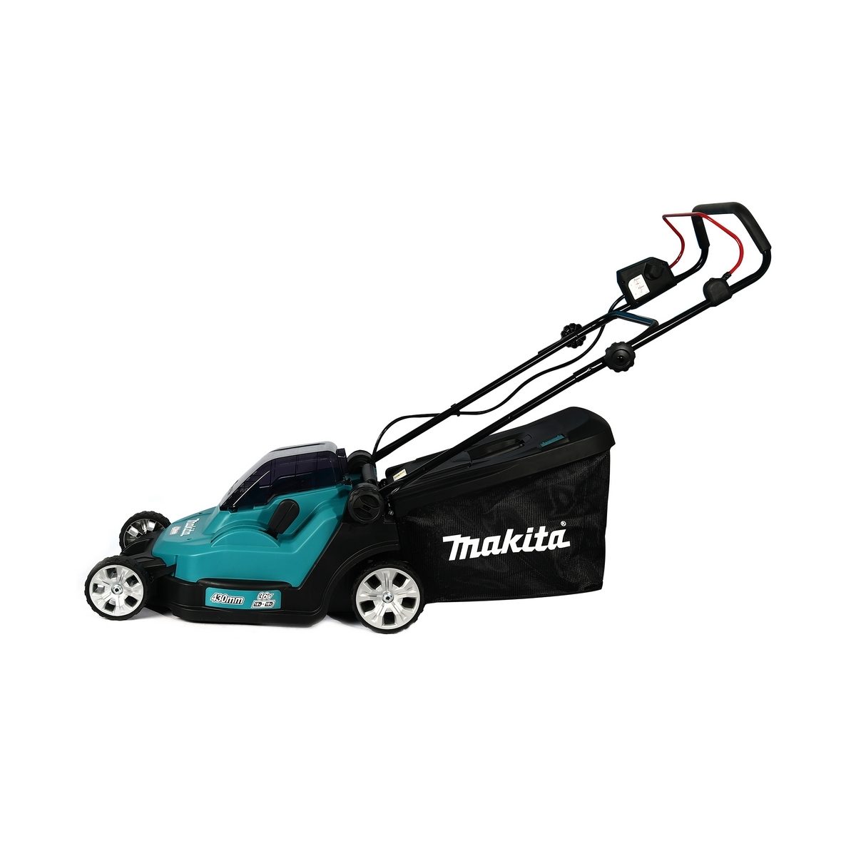 รถเข็นตัดหญ้าไร้สาย มากีต้า (MAKITA) รุ่น DLM432Z ความกว้างใบตัด 430 มม. แบตเตอรี่ 36 โวลต์ ความเร็วรอบตัวเปล่า 3600 รอบ/นาที ถังเก็บหญ้า 50