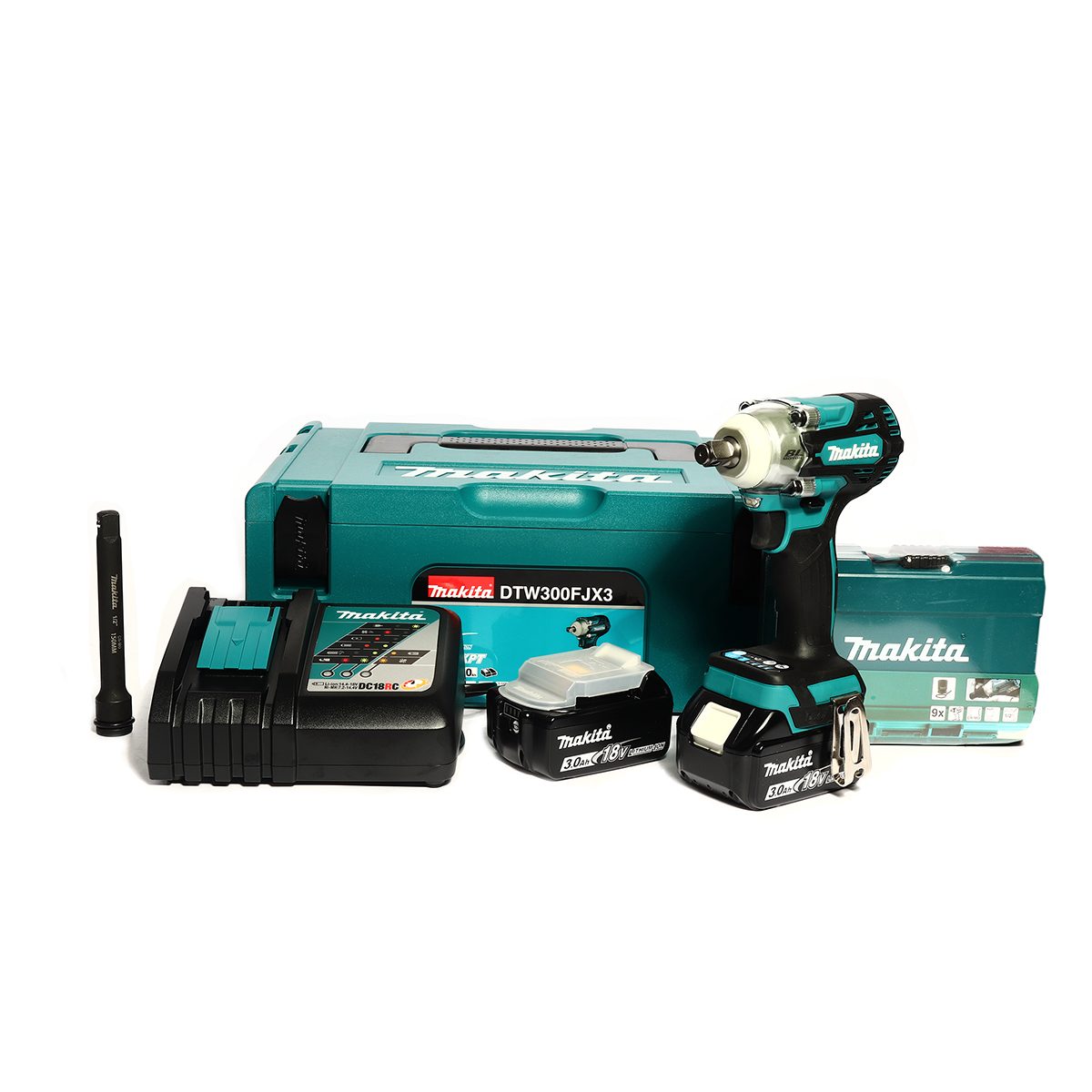 MAKITA เครื่องขันบล๊อกไร้สาย 18 โวลต์ 1/2 นิ้ว รุ่น DTW300FJX3 แรงบิดสูงสุด 330 นิวตันเมตร พร้อมชุดลูกบล็อก แกน 1/2 นิ้ว รวมแบตเตอรี่และแท่น