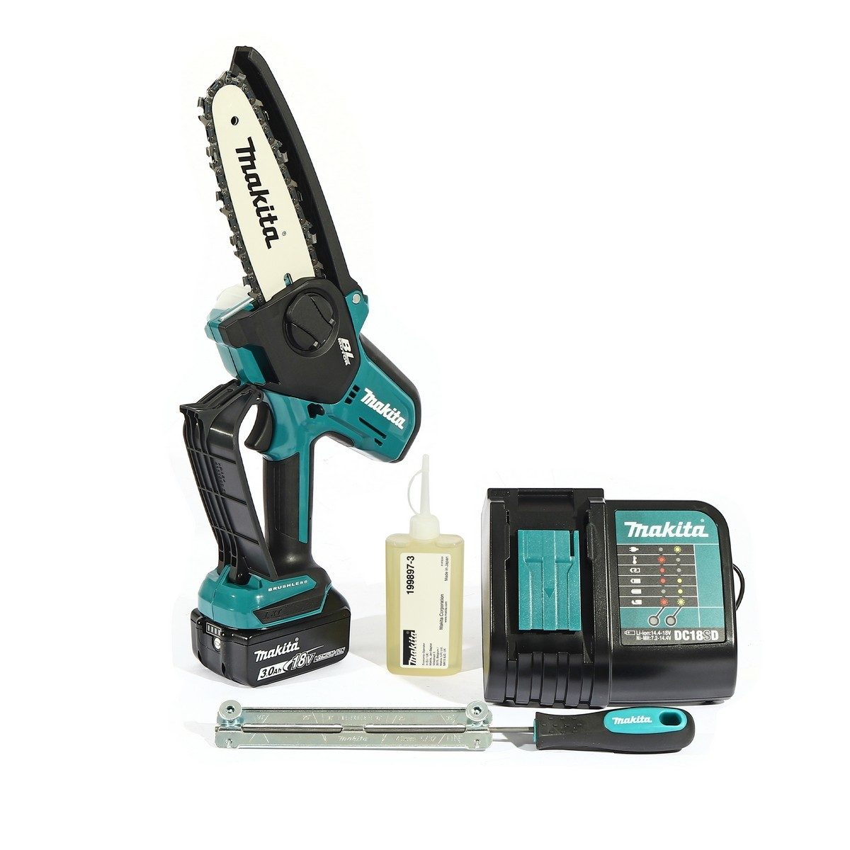 MAKITA เลื่อยโซ่ไร้สาย 18 โวลต์ 6 นิ้ว รุ่น DUC150SF ความเร็วโซ่สูงสุด 8.0 เมตร/ วินาที ถังน้ำมัน 55 มล. มอเตอร์ BL รวมแบตเตอรี่-แท่นชาร์จ (